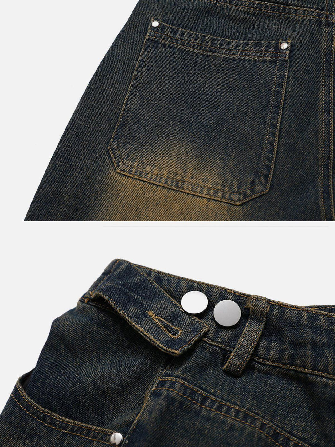 Detailed view of TALISHKO's gradient raw edge jeans, showcasing pocket stitching and button design.