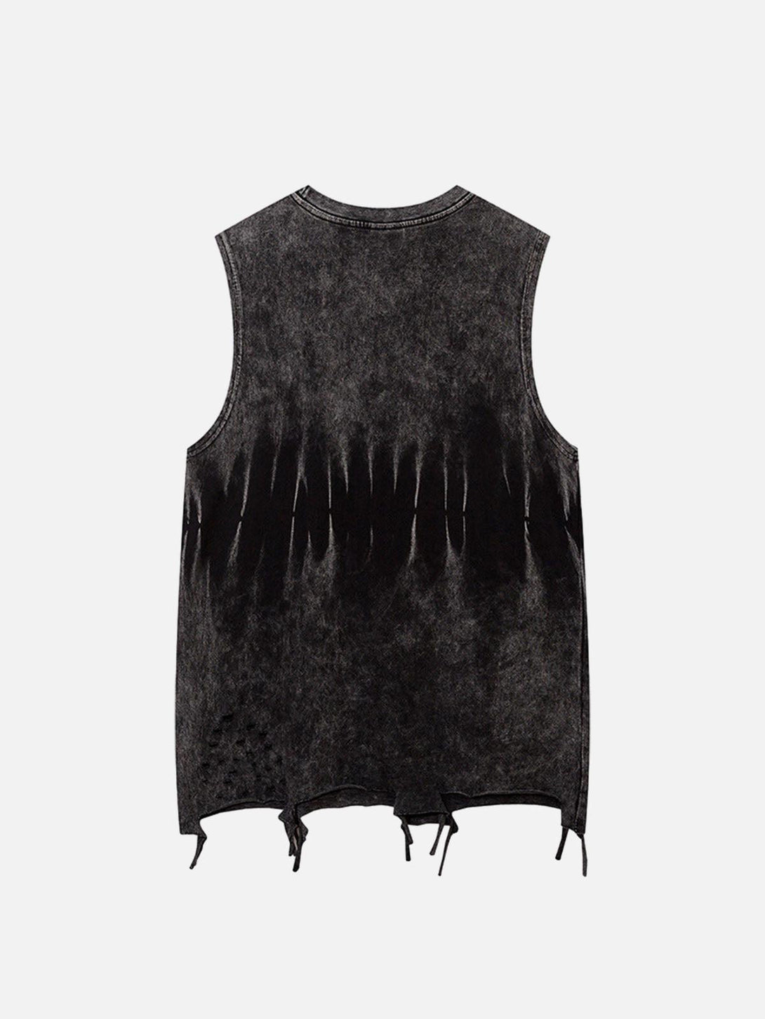 Back view of a black gradient tie-dye vest with raw edges, showcasing TALISHKO's edgy style.