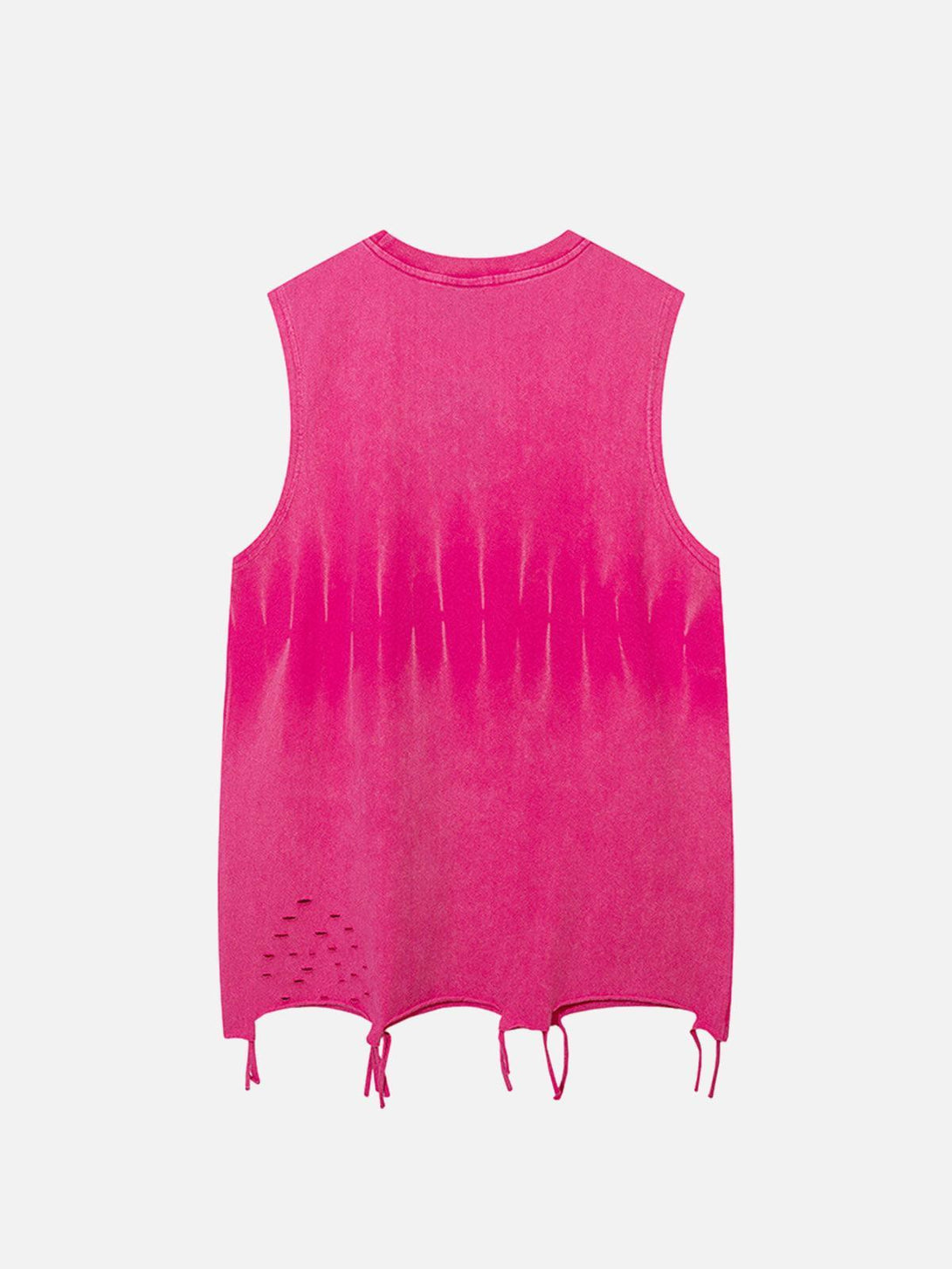 Back view of a vibrant pink gradient tie-dye vest with raw edges, crafted by TALISHKO.