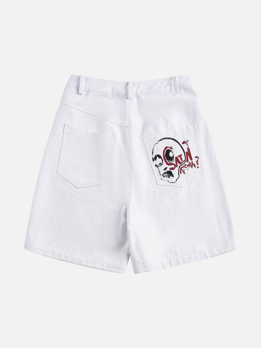 Back view of TALISHKO denim shorts in white with unique graffiti art on the pocket.
