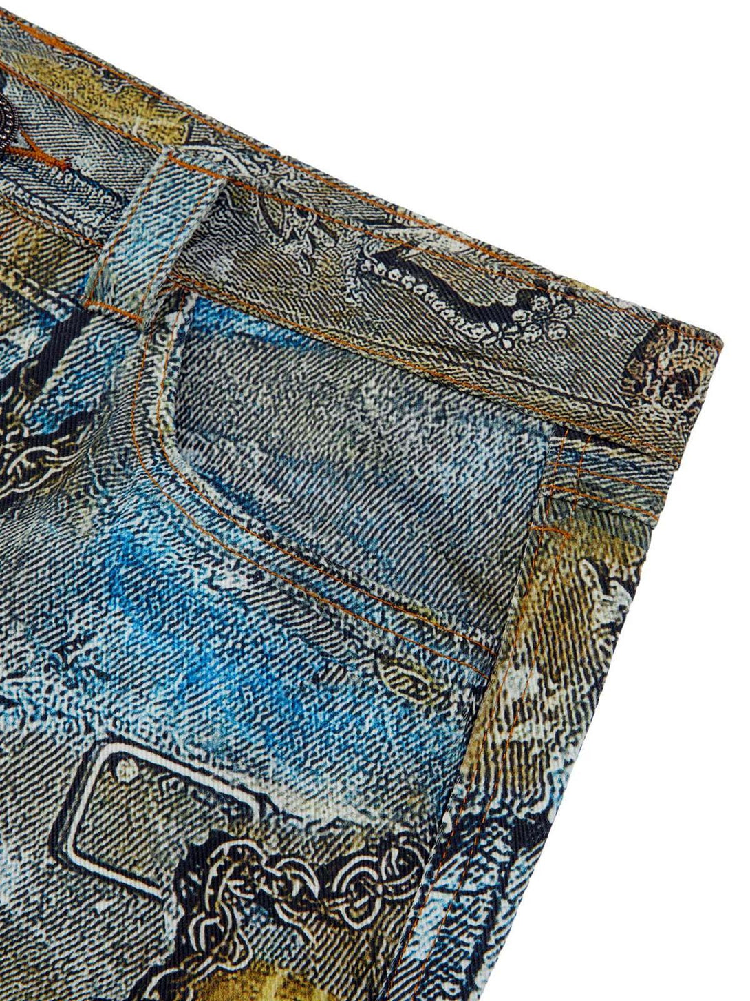 Intricate look at TALISHKO jeans with graffiti patterns and chain embellishments.