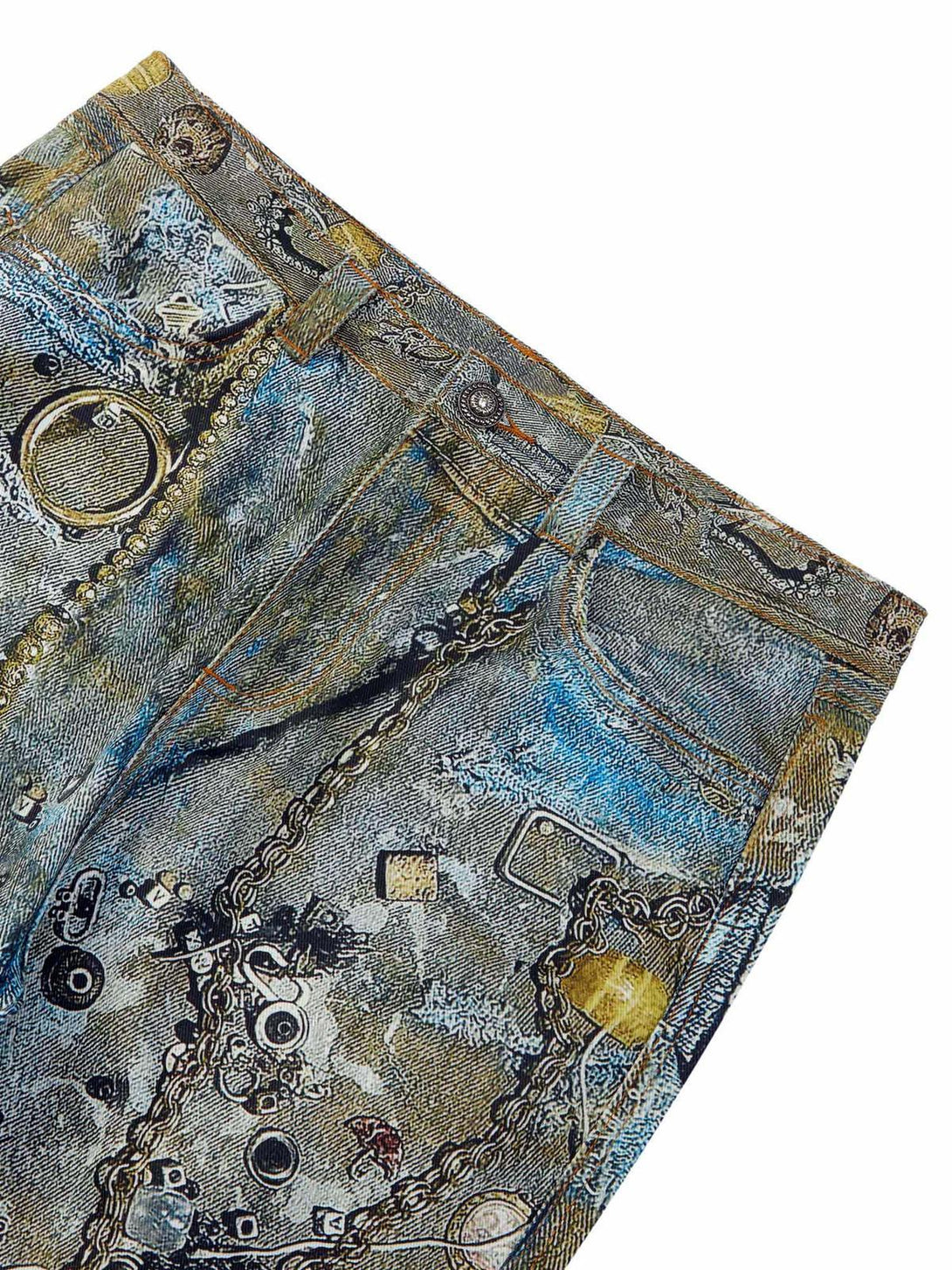 Intricate look at TALISHKO jeans with graffiti print and chain embellishments.