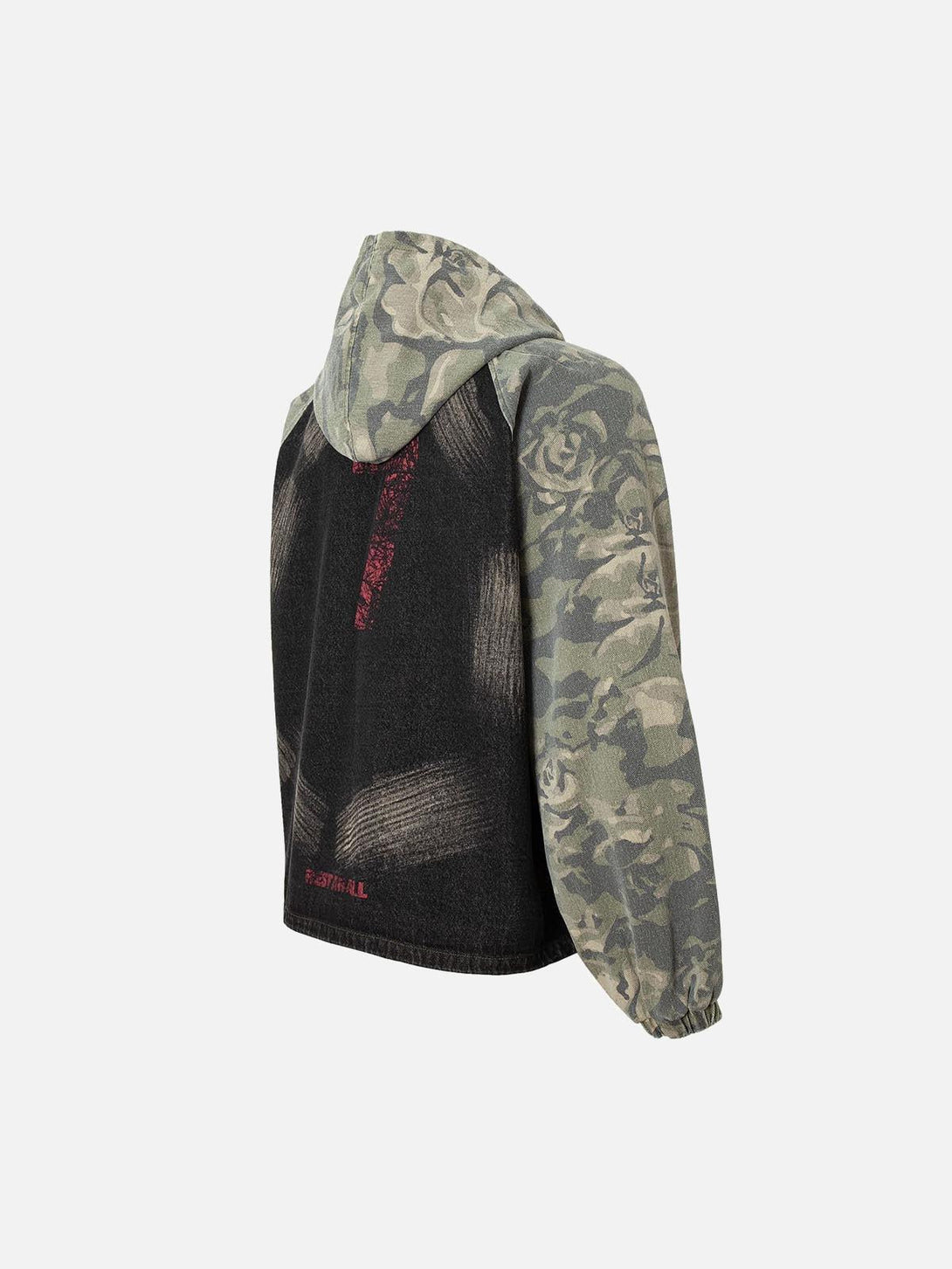 A side angle of TALISHKO's graffiti camouflage patchwork hooded jacket, showcasing its artistic flair.