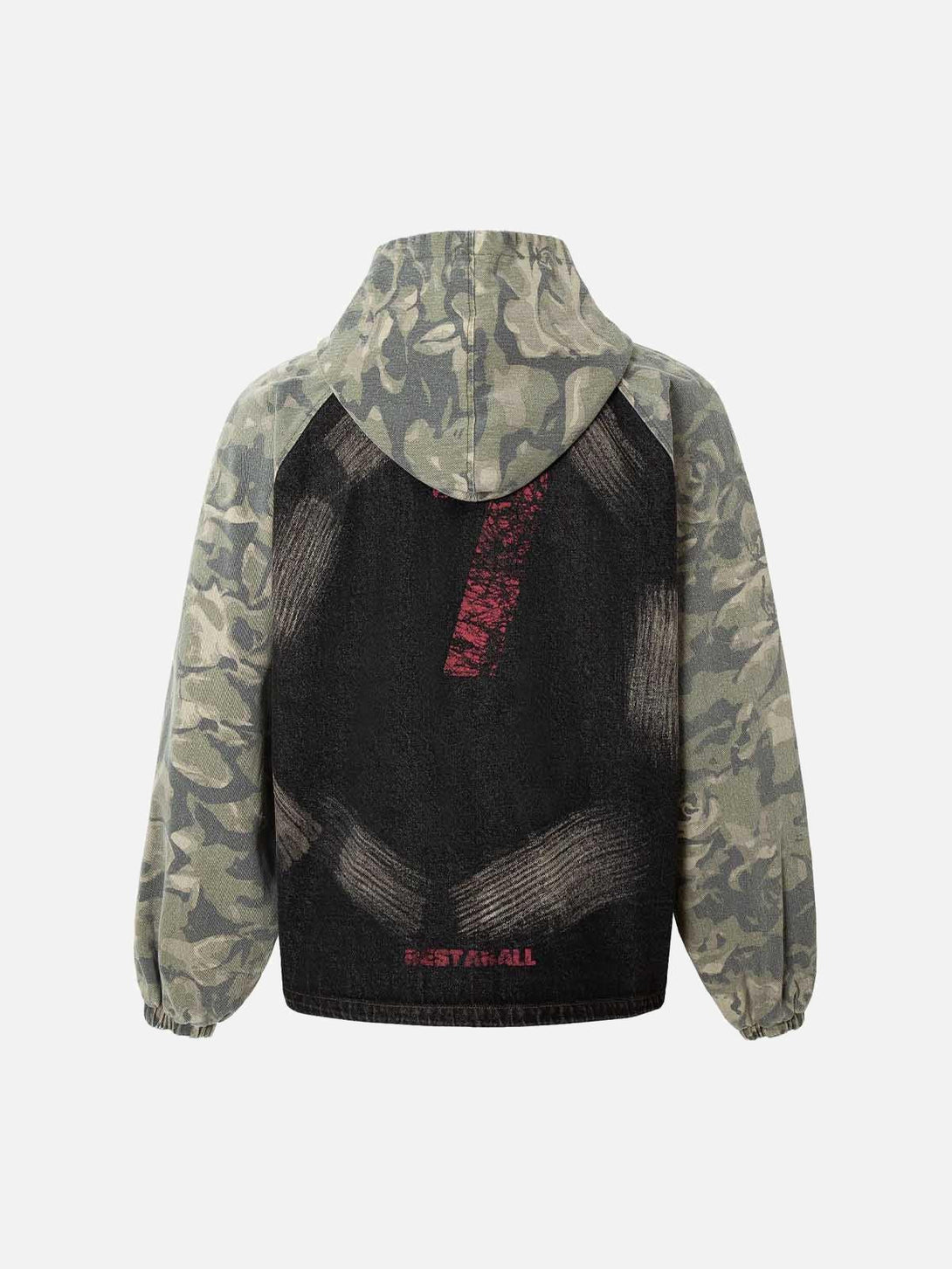 Back view of TALISHKO's graffiti camouflage patchwork hooded jacket with unique design.
