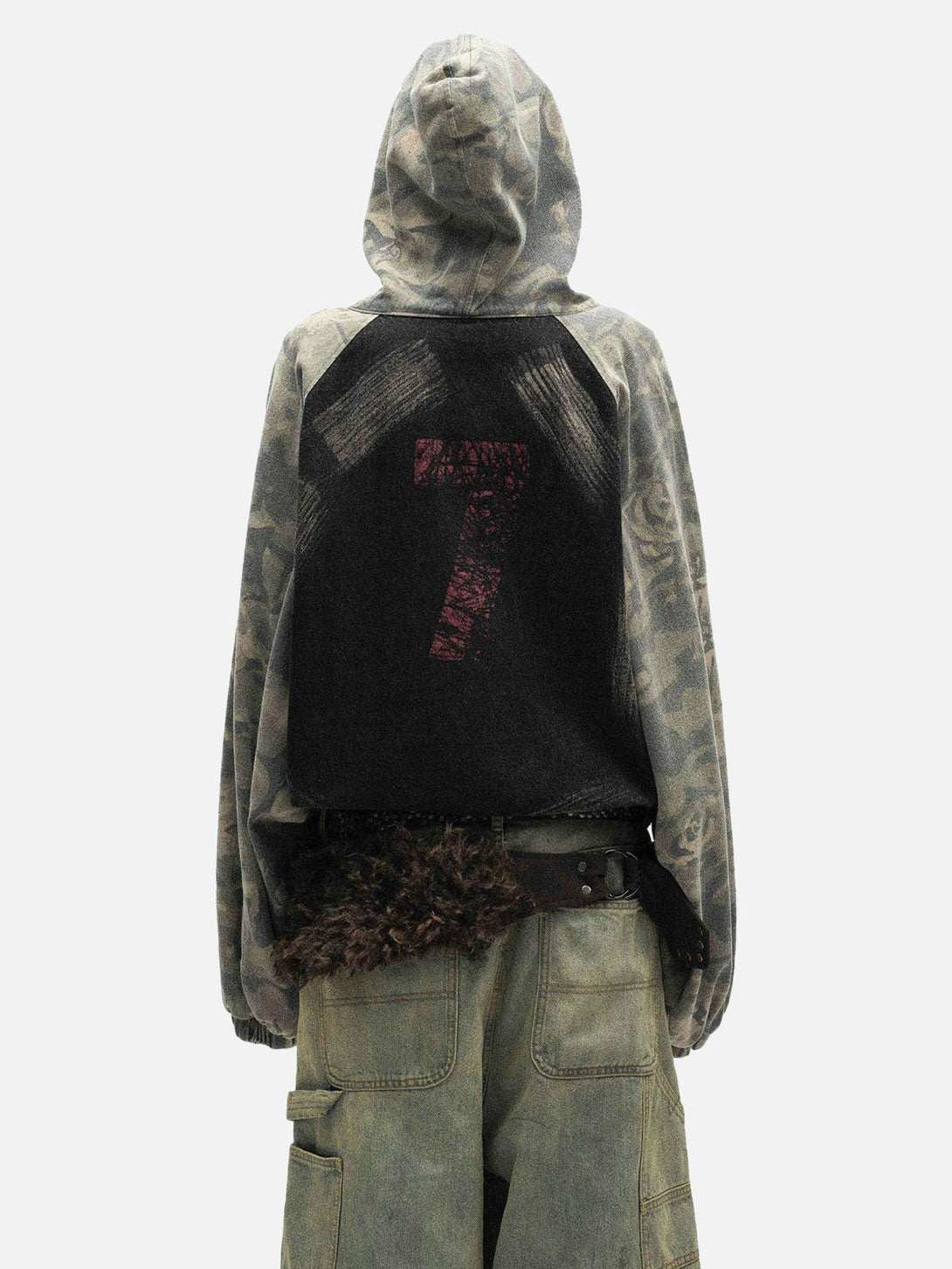 Back view of TALISHKO's graffiti camouflage hooded jacket with bold number seven detail.