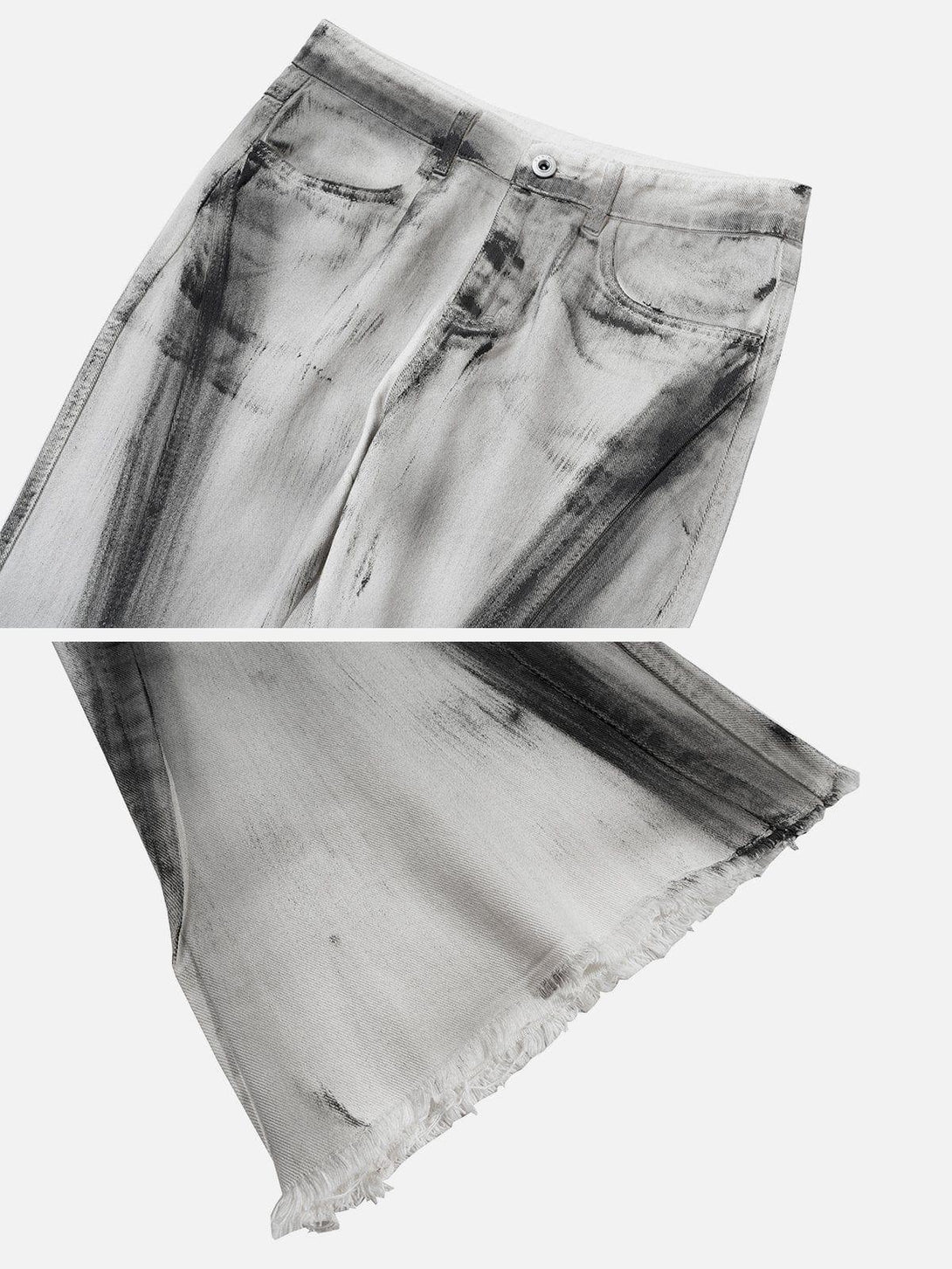 Detailed view of TALISHKO graffiti deconstruction jeans, highlighting the artistic frayed hem.