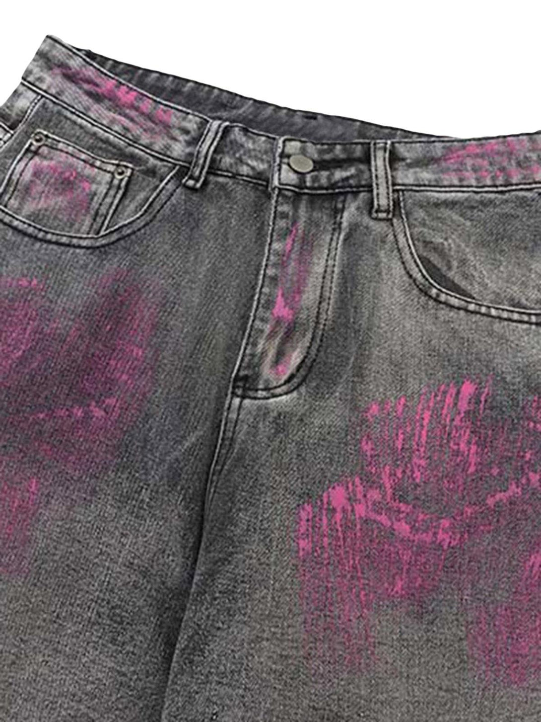 TALISHKO's distressed washed jeans feature pink graffiti detailing for a bold streetwear look.