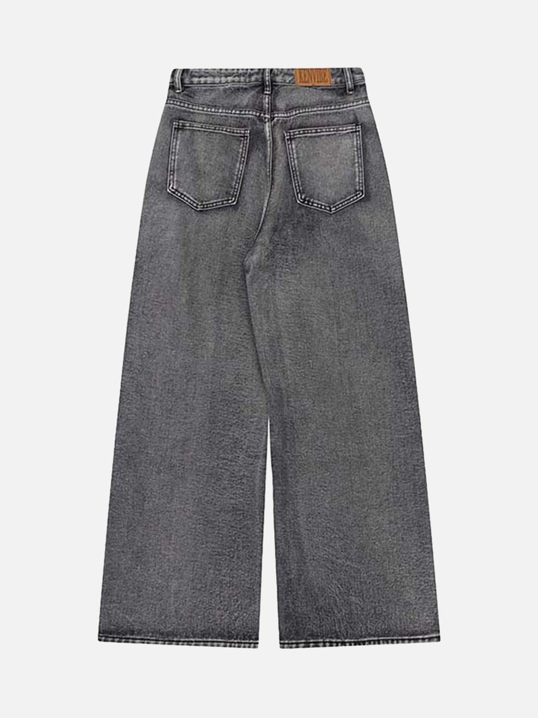 Back view of TALISHKO's gray baggy jeans, highlighting the faded wash and back pocket details.