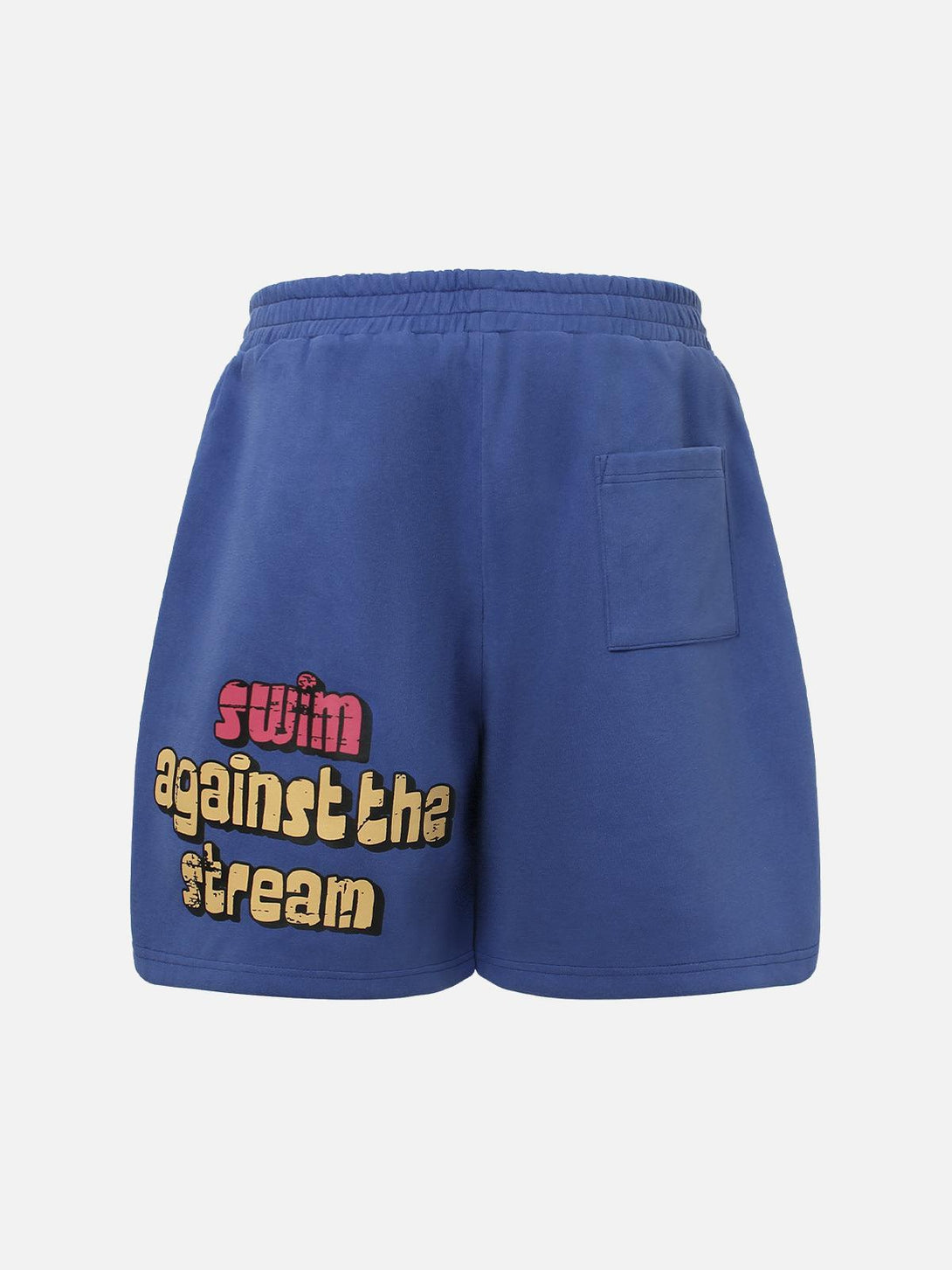 Back view of TALISHKO blue cotton shorts with graffiti text, featuring a side pocket.