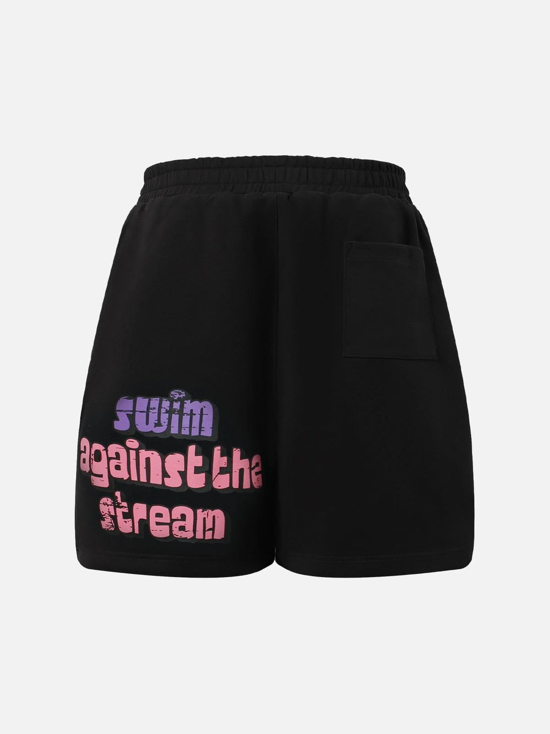 Black cotton shorts by TALISHKO with graffiti text and drawstring, featuring side pocket detail.