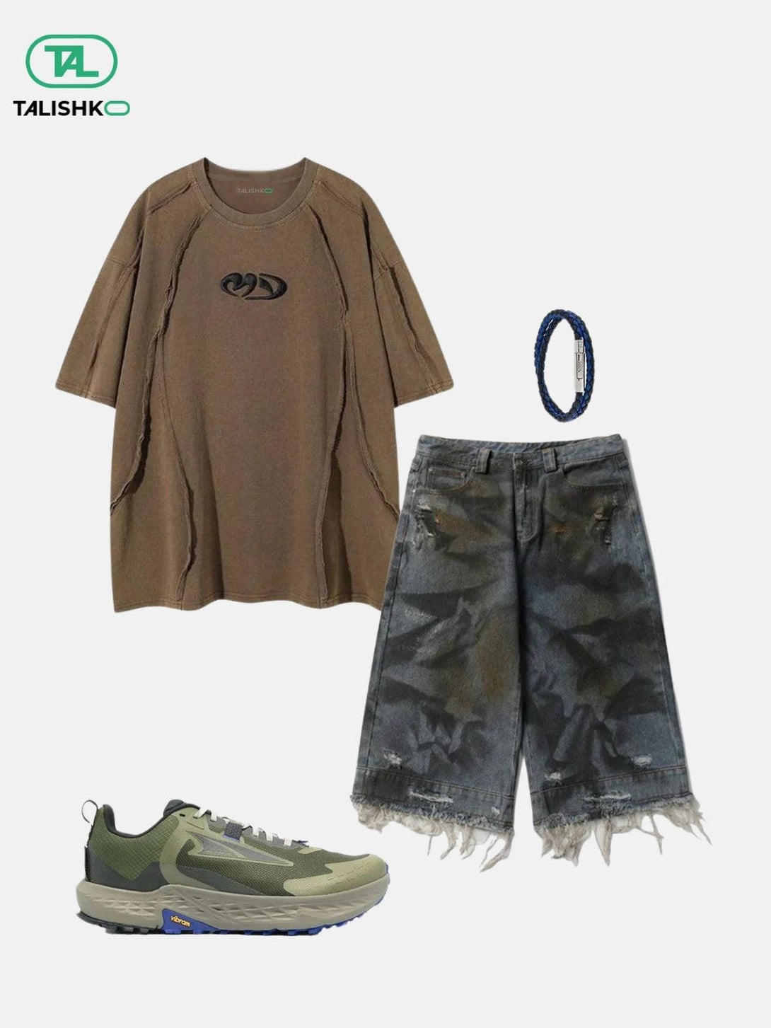 Casual streetwear ensemble by TALISHKO featuring a brown tee, denim jorts, and olive sneakers.