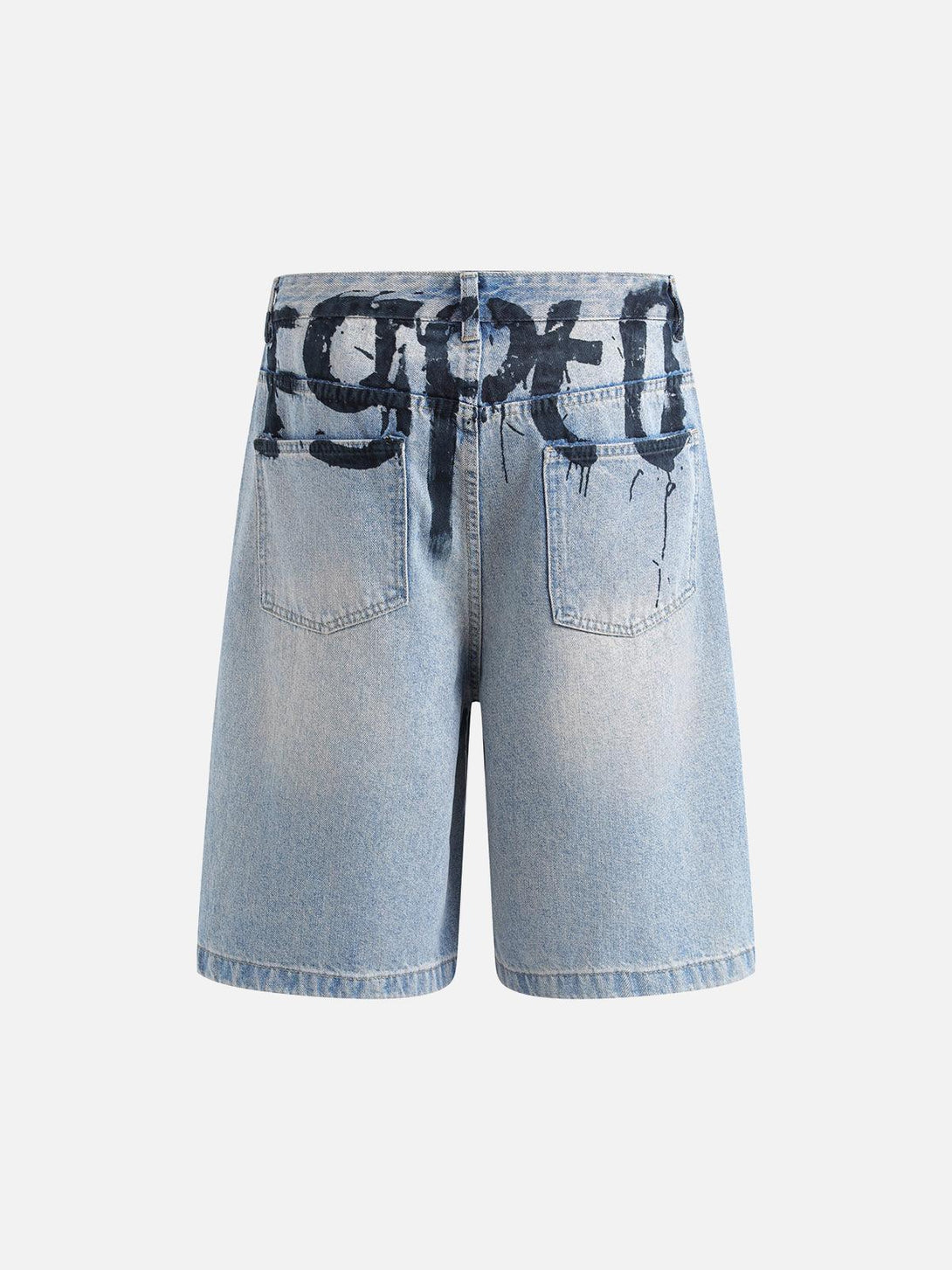 Back view of TALISHKO denim shorts with graffiti-style lettering, perfect for casual summer vibes.