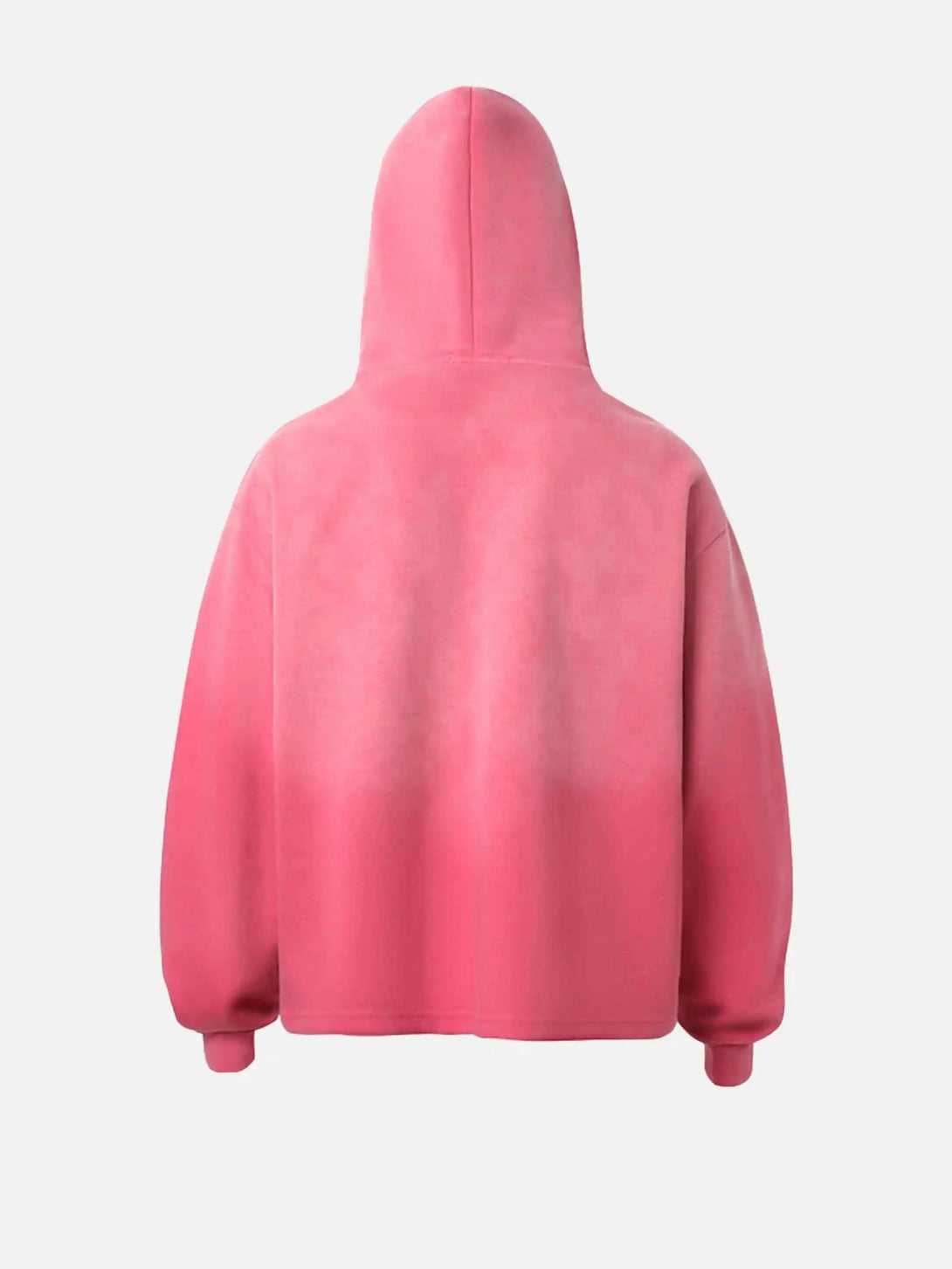 Back view of a pink gradient hoodie by TALISHKO, highlighting its relaxed, hip-hop style.
