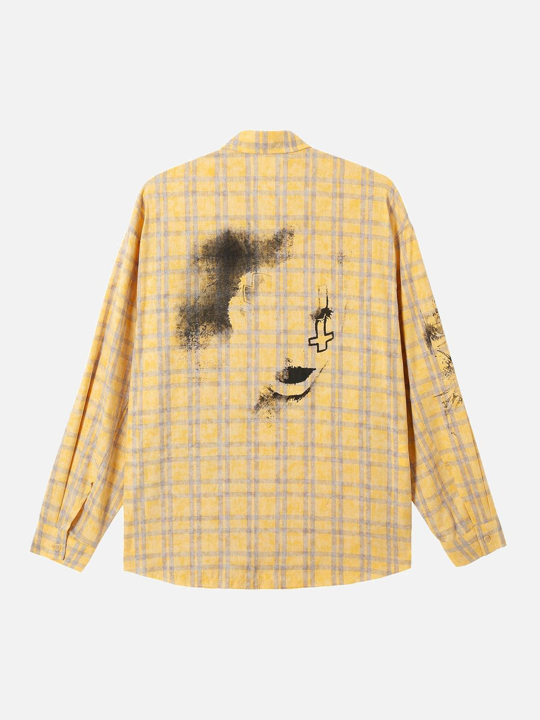 Back view of a yellow plaid polo shirt featuring graffiti art, designed by TALISHKO.