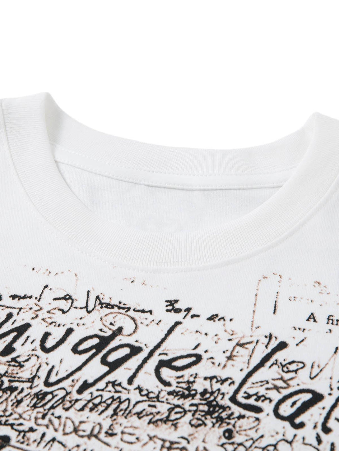 A detailed view of the graffiti letter print on a white oversized T-shirt by TALISHKO.