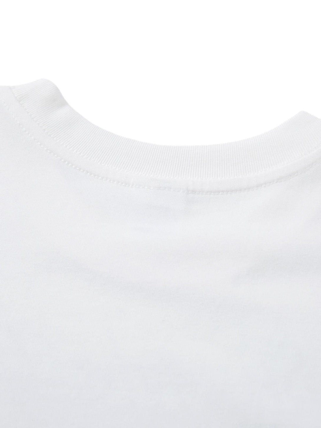 Detailed fabric and stitching on a white oversized T-shirt neckline by TALISHKO.