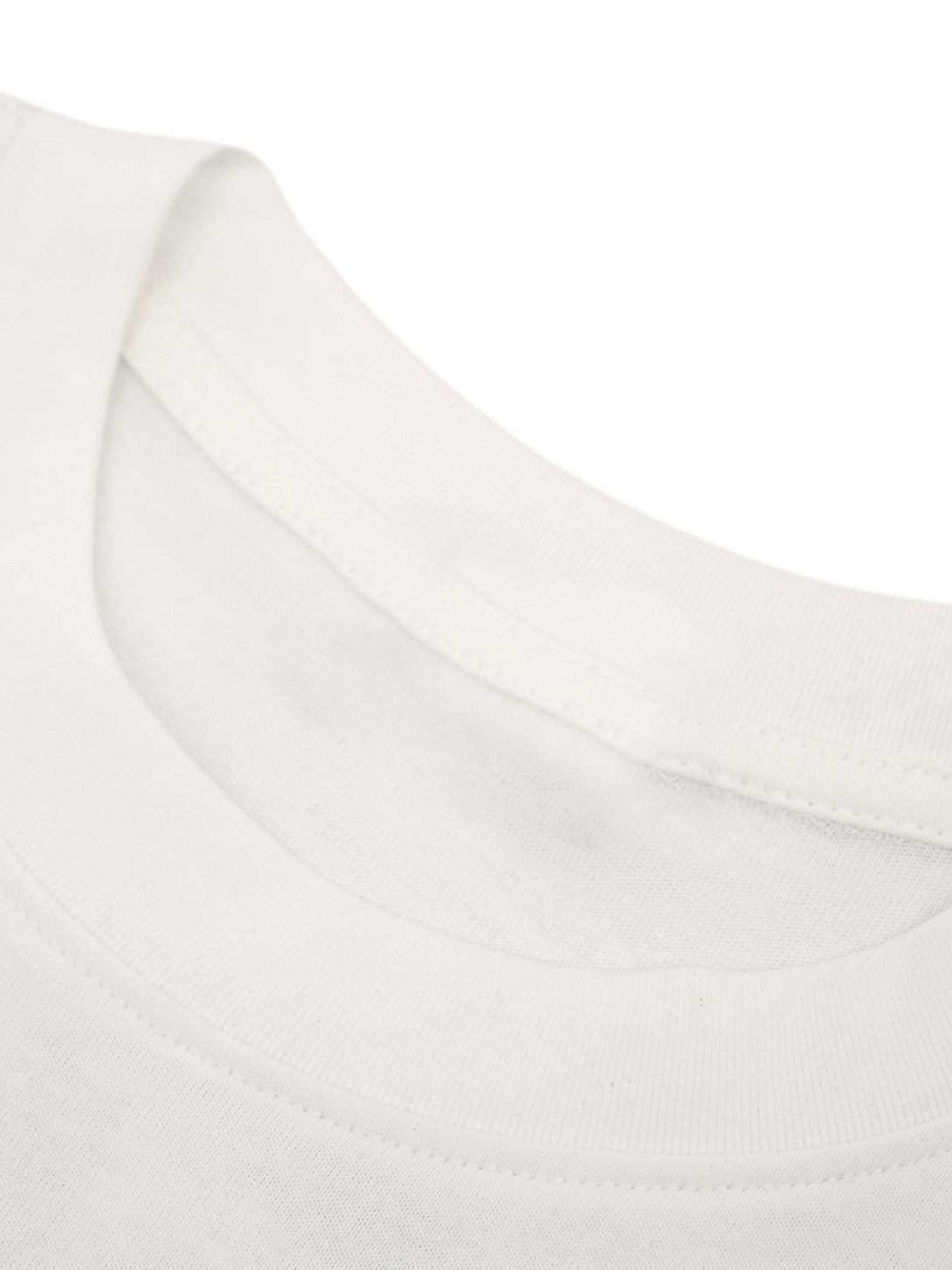 A close-up of the neckline of a white TALISHKO T-shirt, highlighting its soft fabric and stitching.