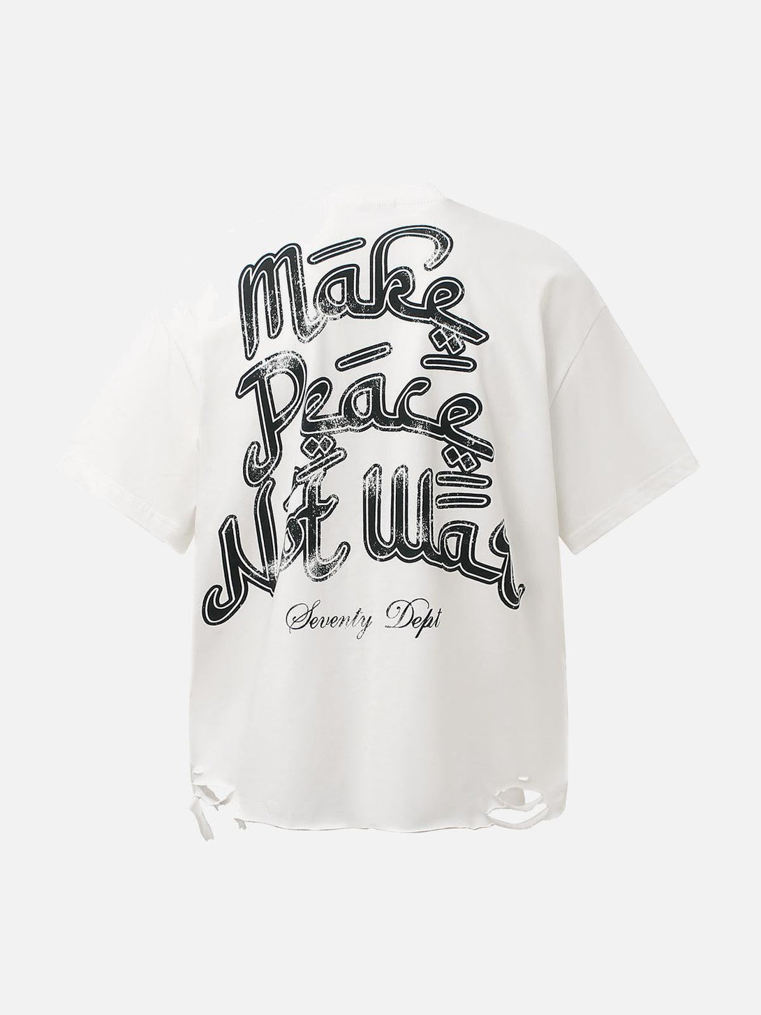 Back view of a white graphic T-shirt by TALISHKO, featuring bold graffiti lettering.