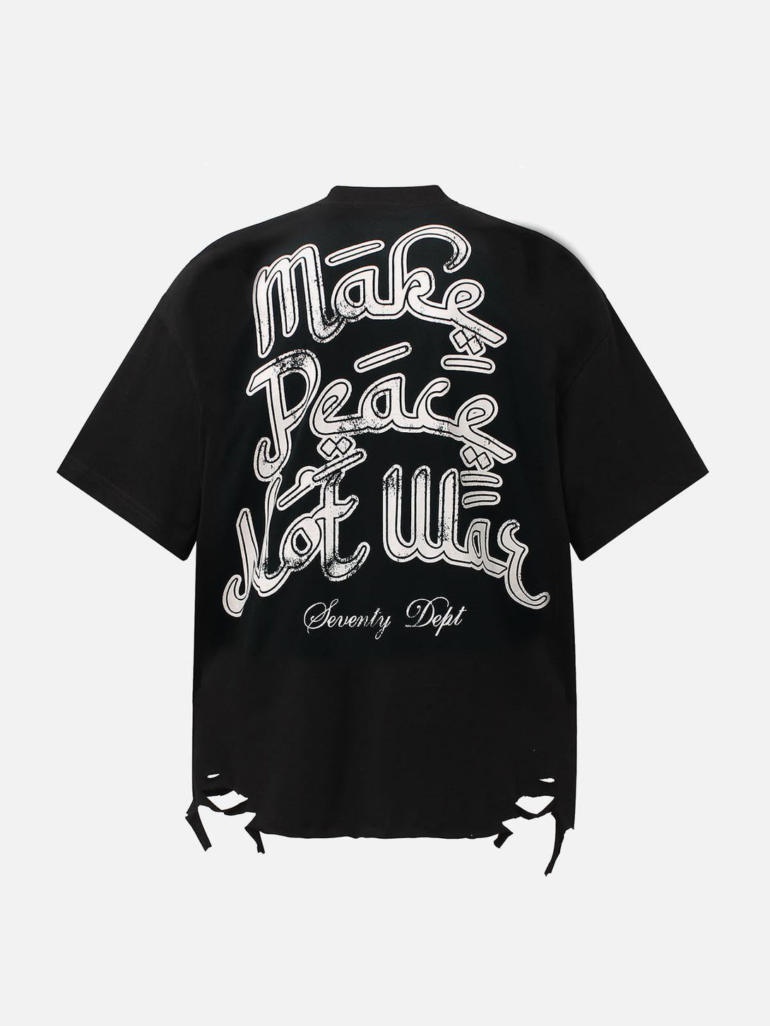 Back view of a black T-shirt by TALISHKO with "Make Peace Not War" graffiti design.
