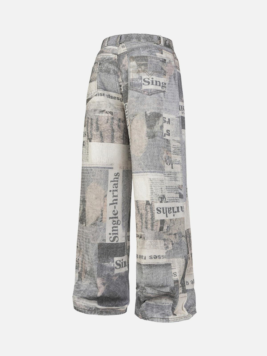 Newspaper-print baggy jeans by TALISHKO, featuring a unique graffiti-inspired design.