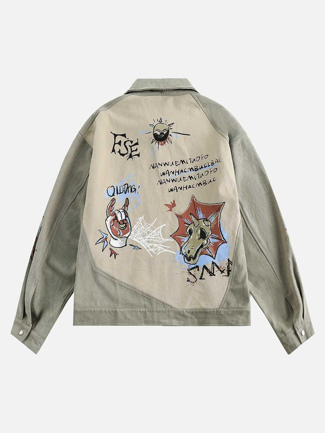 Back view of a graffiti patchwork denim jacket with unique designs by TALISHKO.