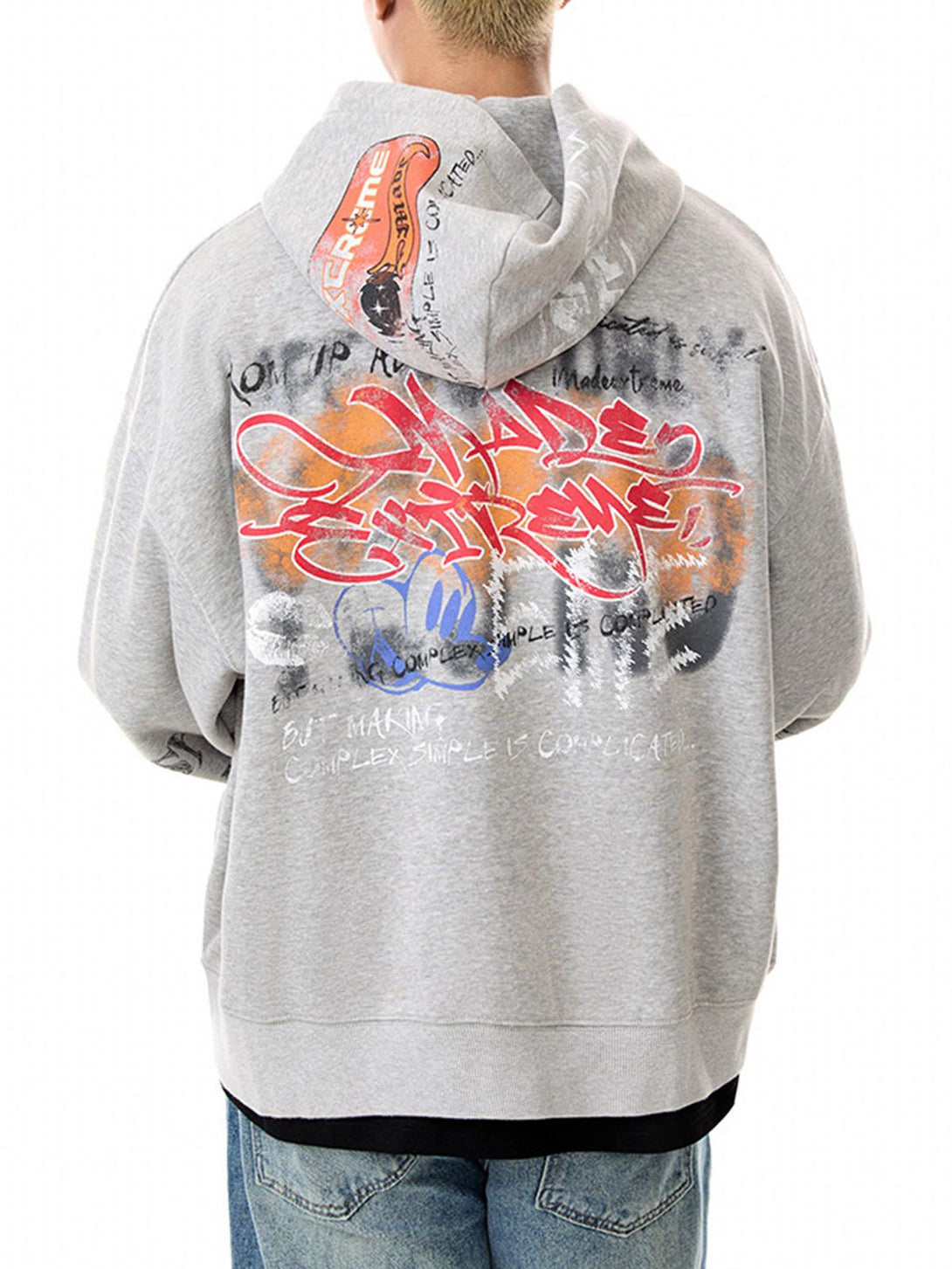 Back view of gray graffiti print cardigan by TALISHKO, featuring bold street-style graphics.