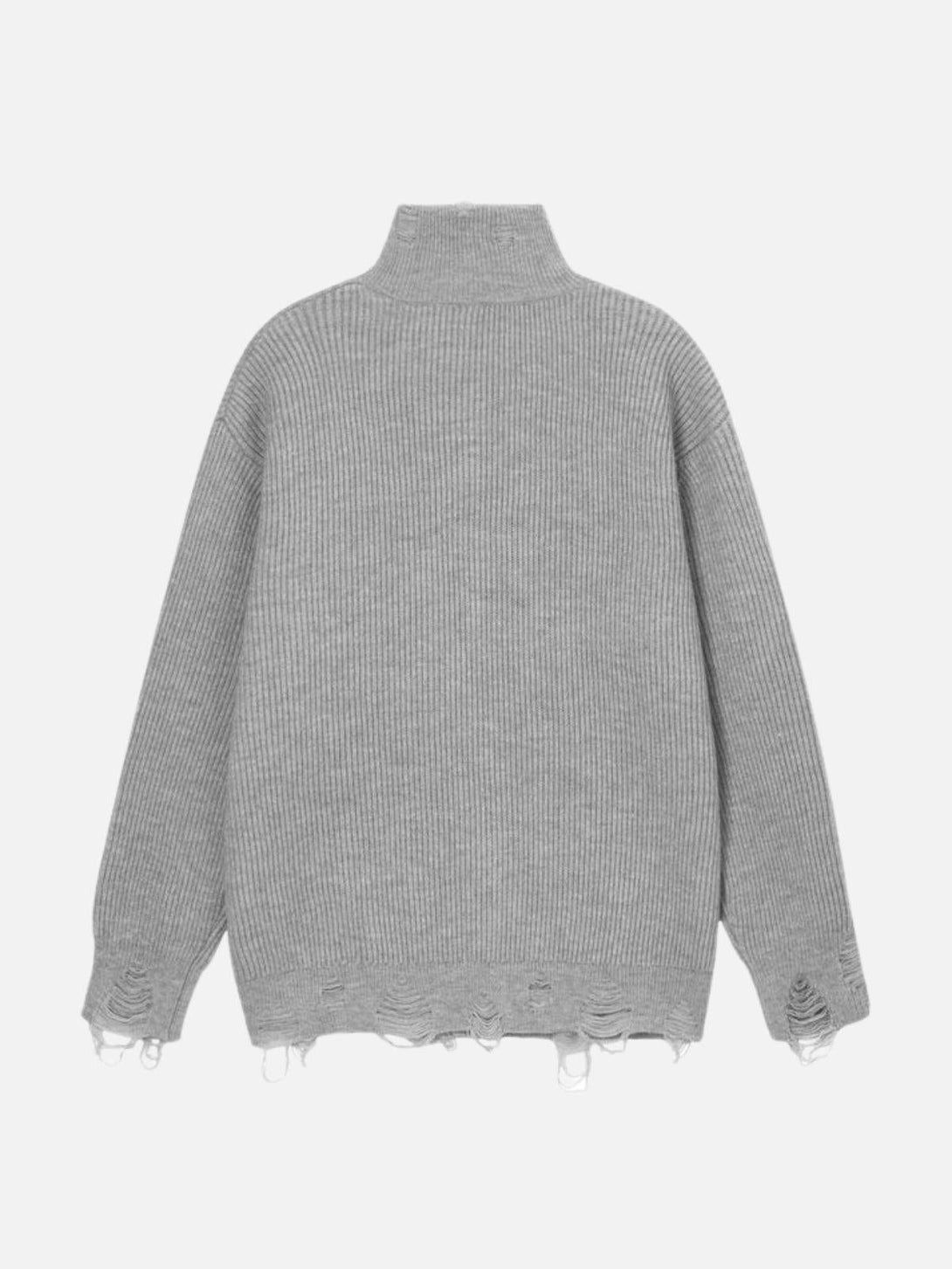 Rear view of gray distressed cardigan by TALISHKO, highlighting ribbed texture and casual flair.