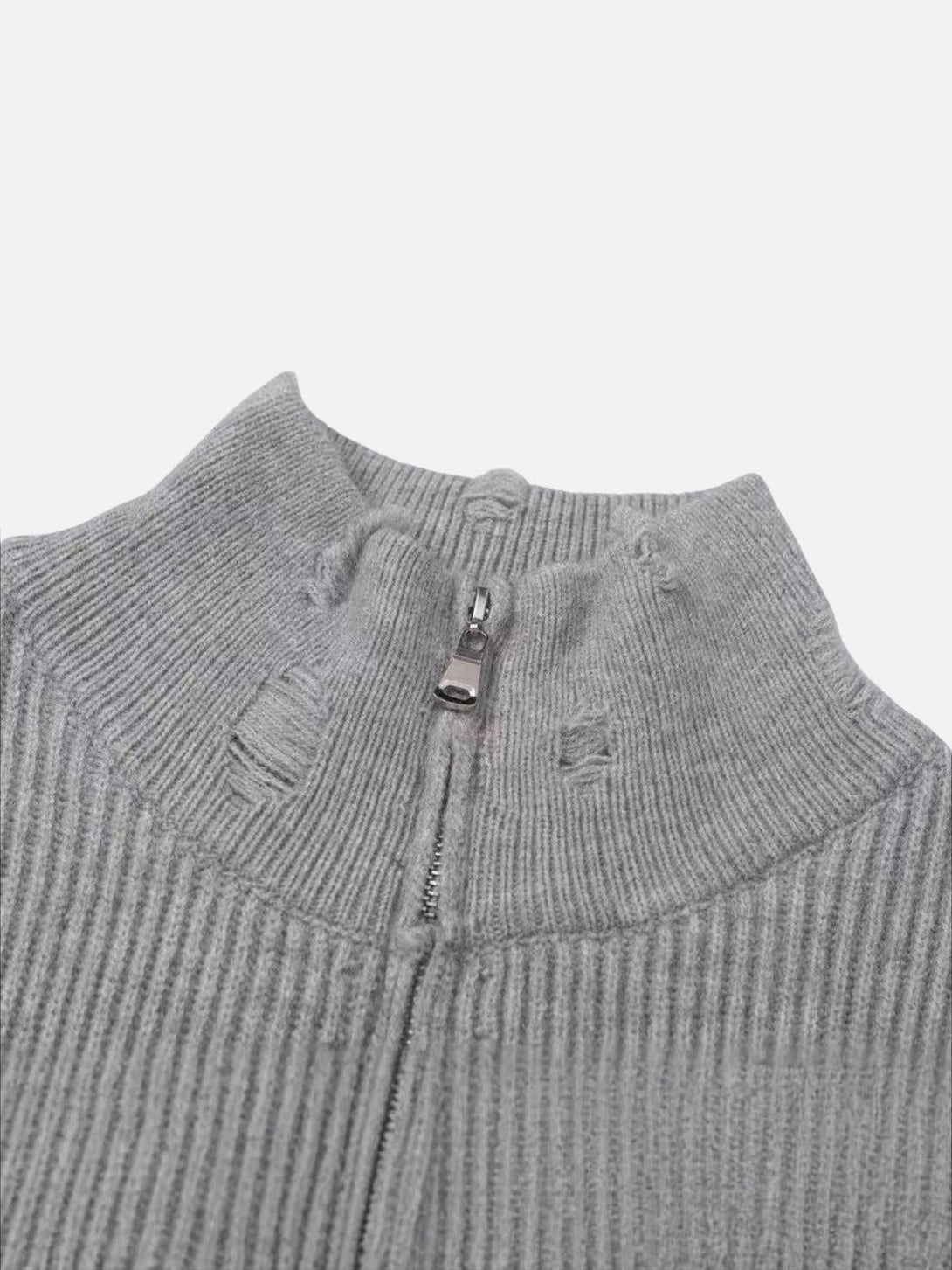 A close-up of the gray ribbed neckline and zipper detail on the TALISHKO cardigan.