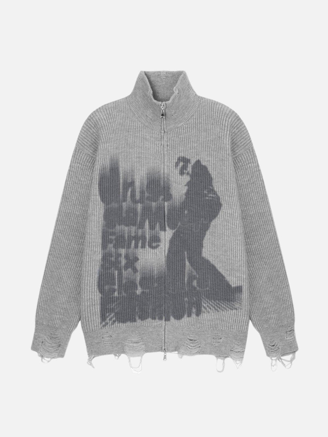 Gray graffiti-patterned cardigan with distressed hem by TALISHKO, showcasing unique street style.