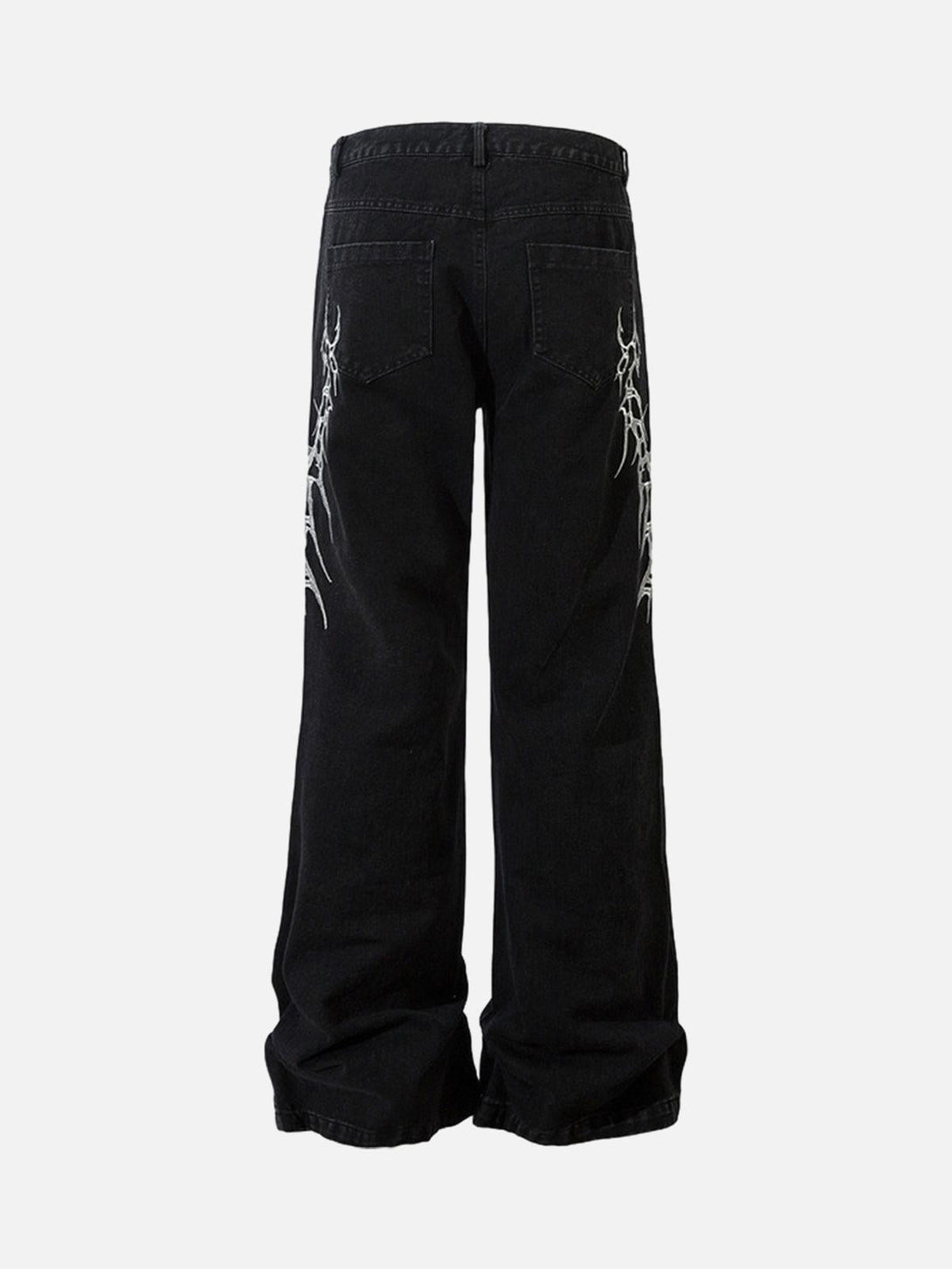 Back view of TALISHKO graphic embroidered straight jeans with bold, edgy detailing.