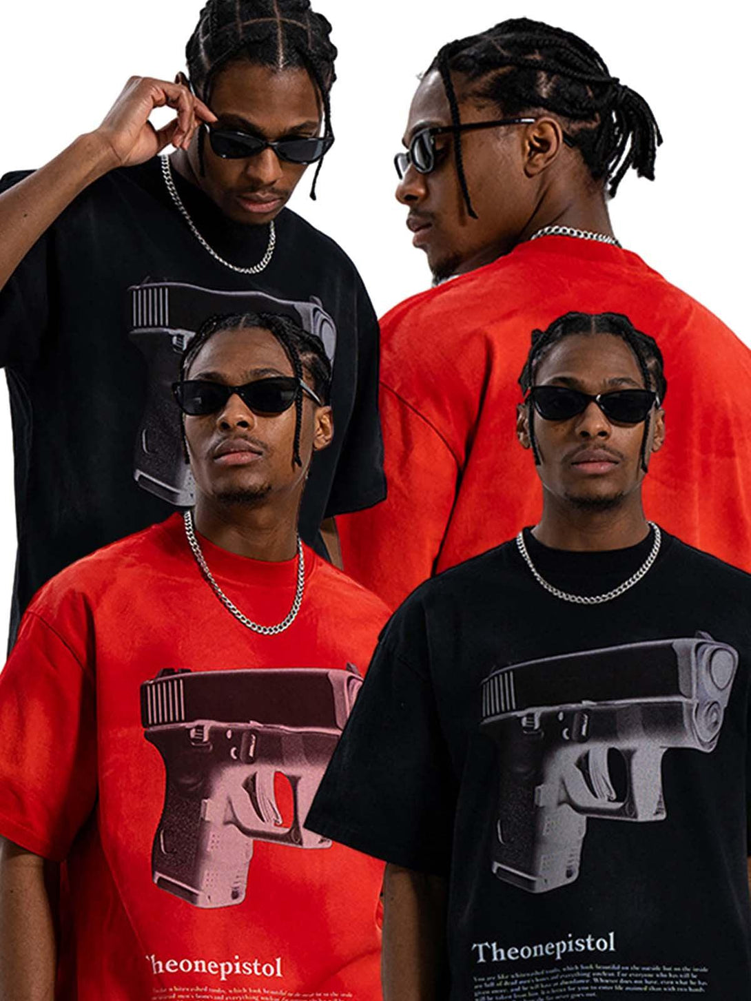 Model in black and red graphic gun print T-shirts by TALISHKO, highlighting bold urban edge.