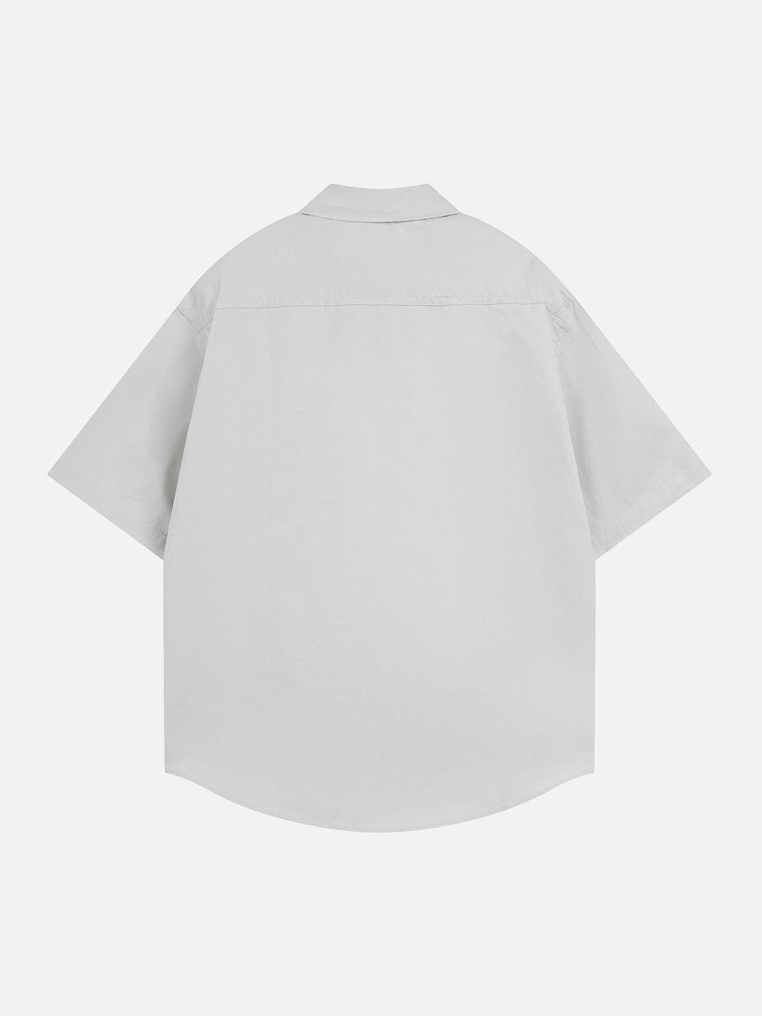 Back view of a light gray short sleeve shirt by TALISHKO, featuring a relaxed, casual fit.