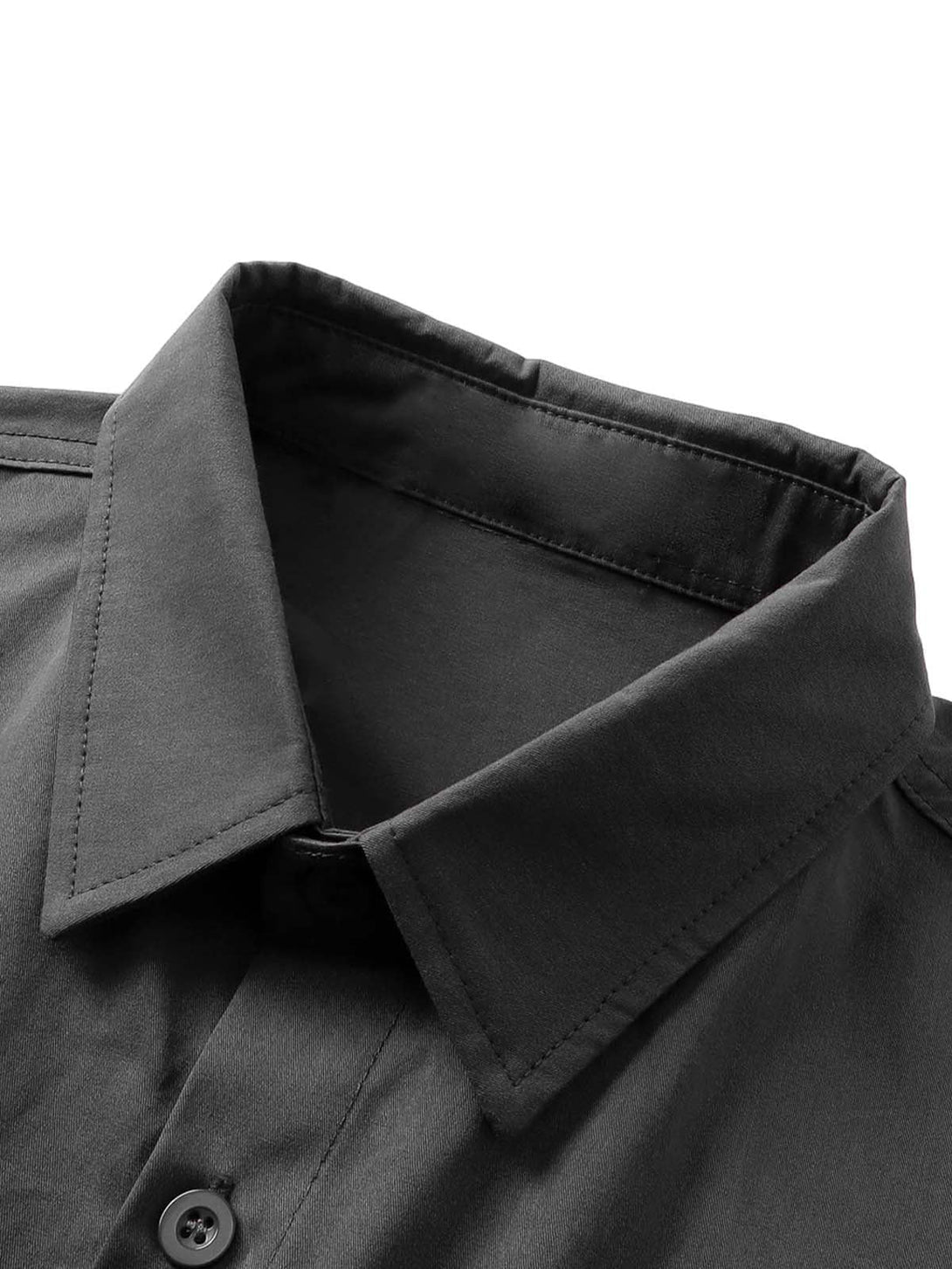 Zoomed-in view of a black shirt collar by TALISHKO, highlighting stitching and fabric detail.