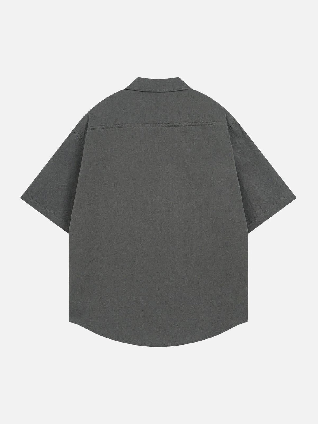 Back view of a dark gray short sleeve shirt by TALISHKO, emphasizing a relaxed, casual fit.