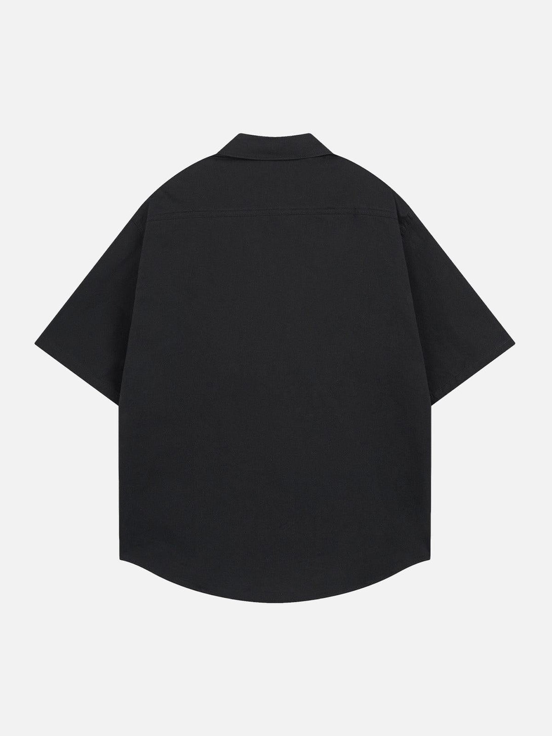 Back view of a black short sleeve shirt by TALISHKO, showcasing a relaxed fit and smooth fabric.