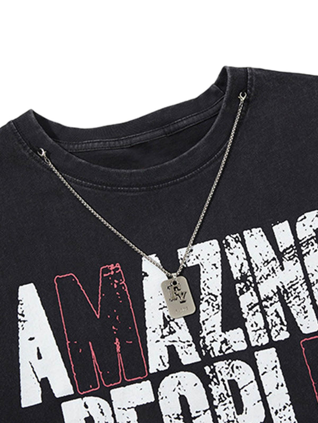 Close-up of TALISHKO graphic lettering chain vest, highlighting bold text design and chain detail.