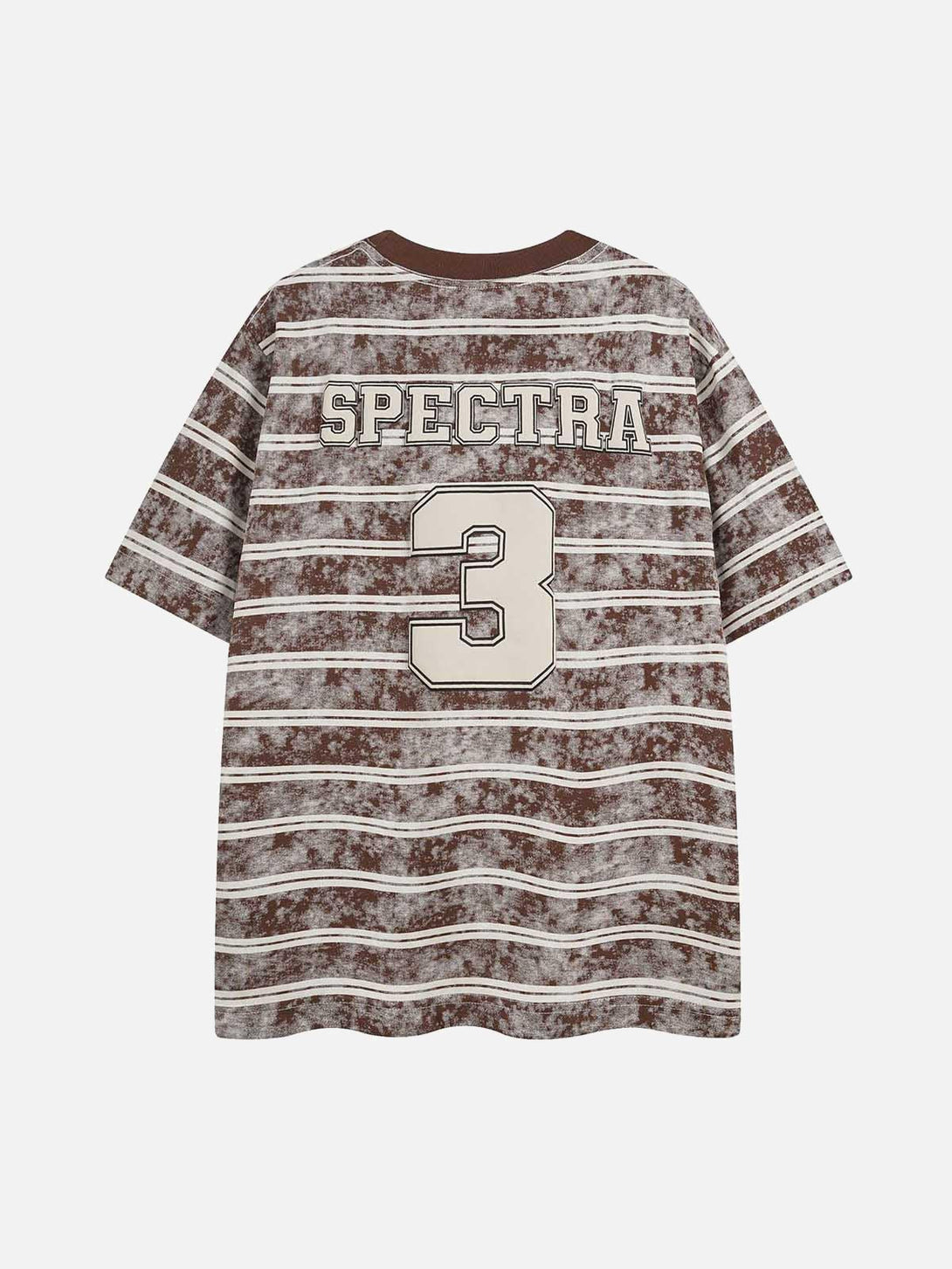 Back view of striped oversized T-shirt by TALISHKO featuring bold graphic lettering and number.