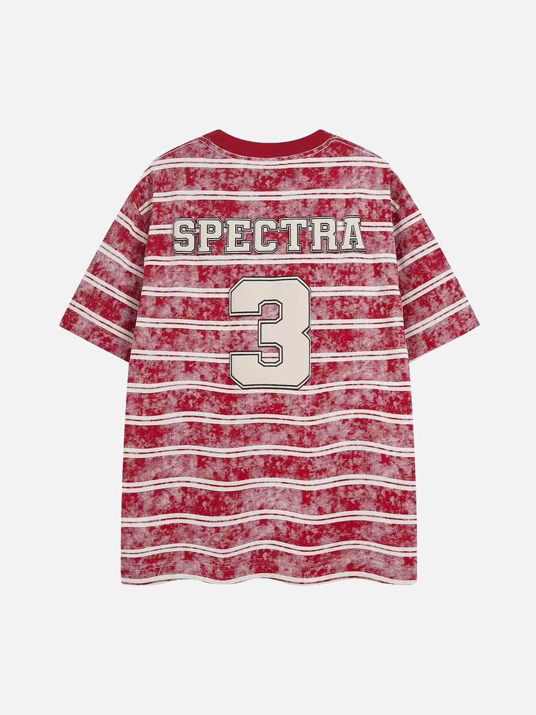 Back view of red striped oversized T-shirt by TALISHKO, featuring bold graphic lettering and number.