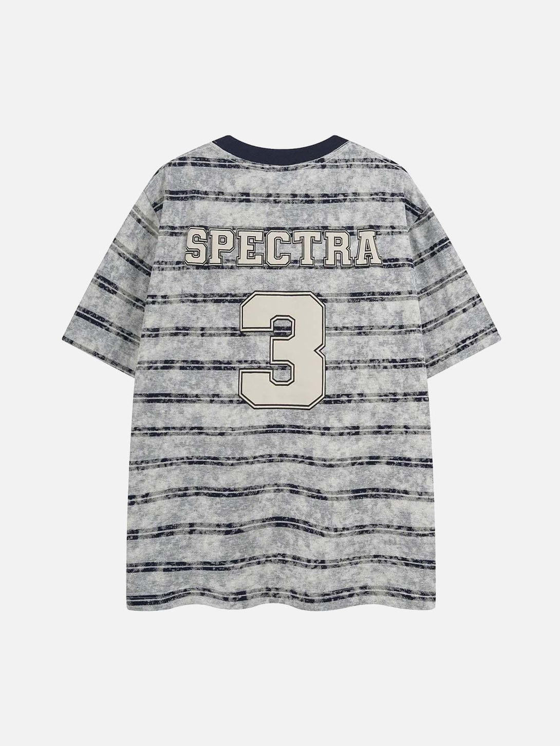 Back view of striped oversized T-shirt by TALISHKO, showcasing graphic lettering and number.