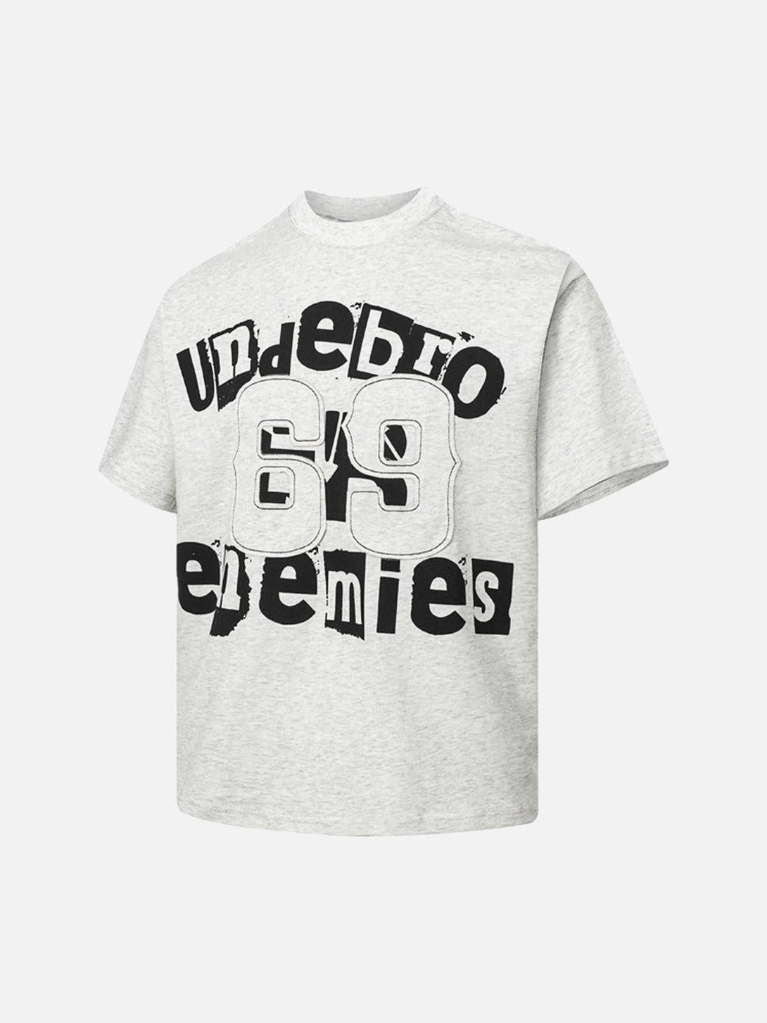 Gray TALISHKO T-shirt with bold graphic print, showcasing a casual summer style from the front.