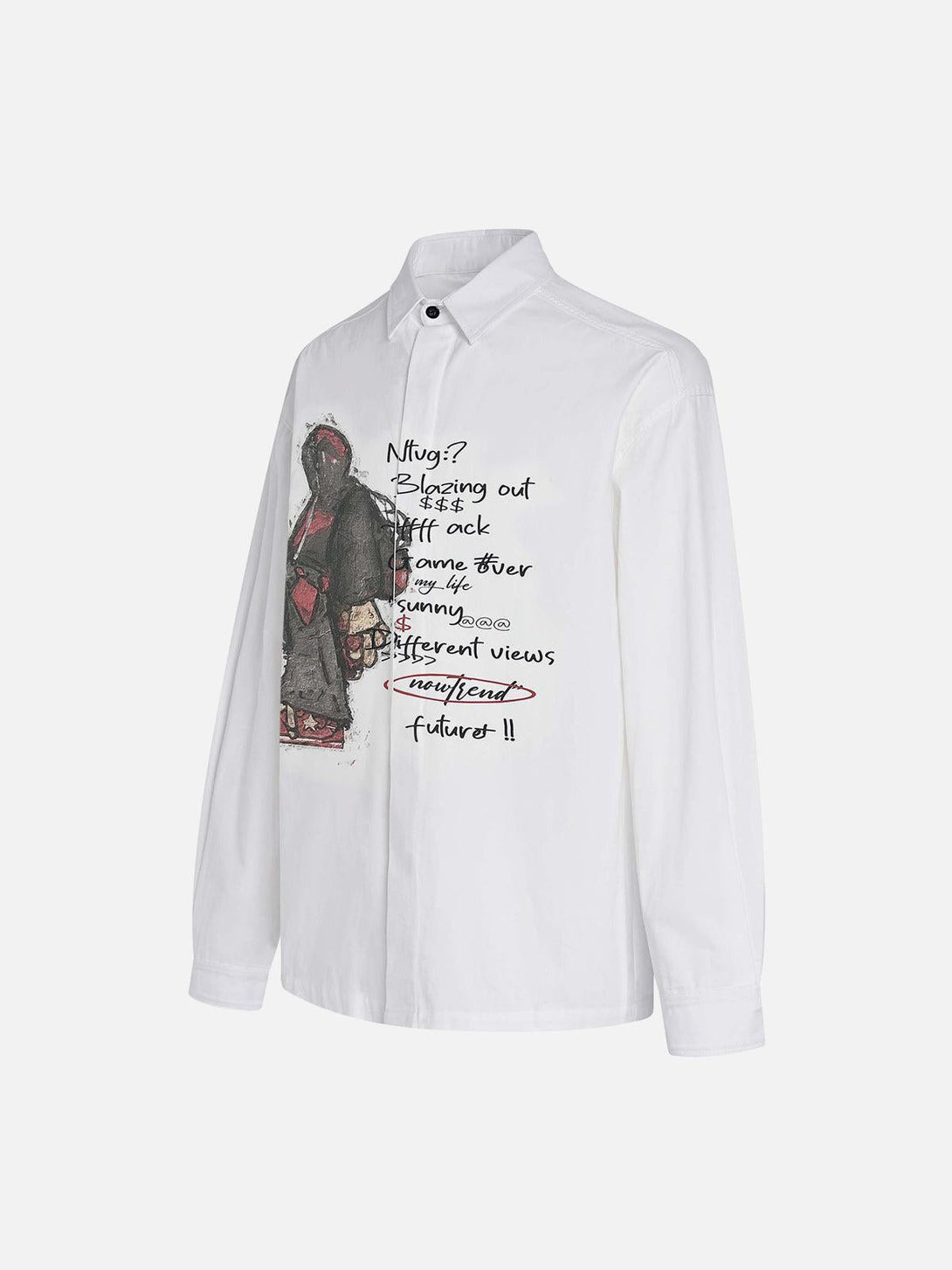 White long-sleeve shirt with graphic print by TALISHKO, featuring artistic urban elements.