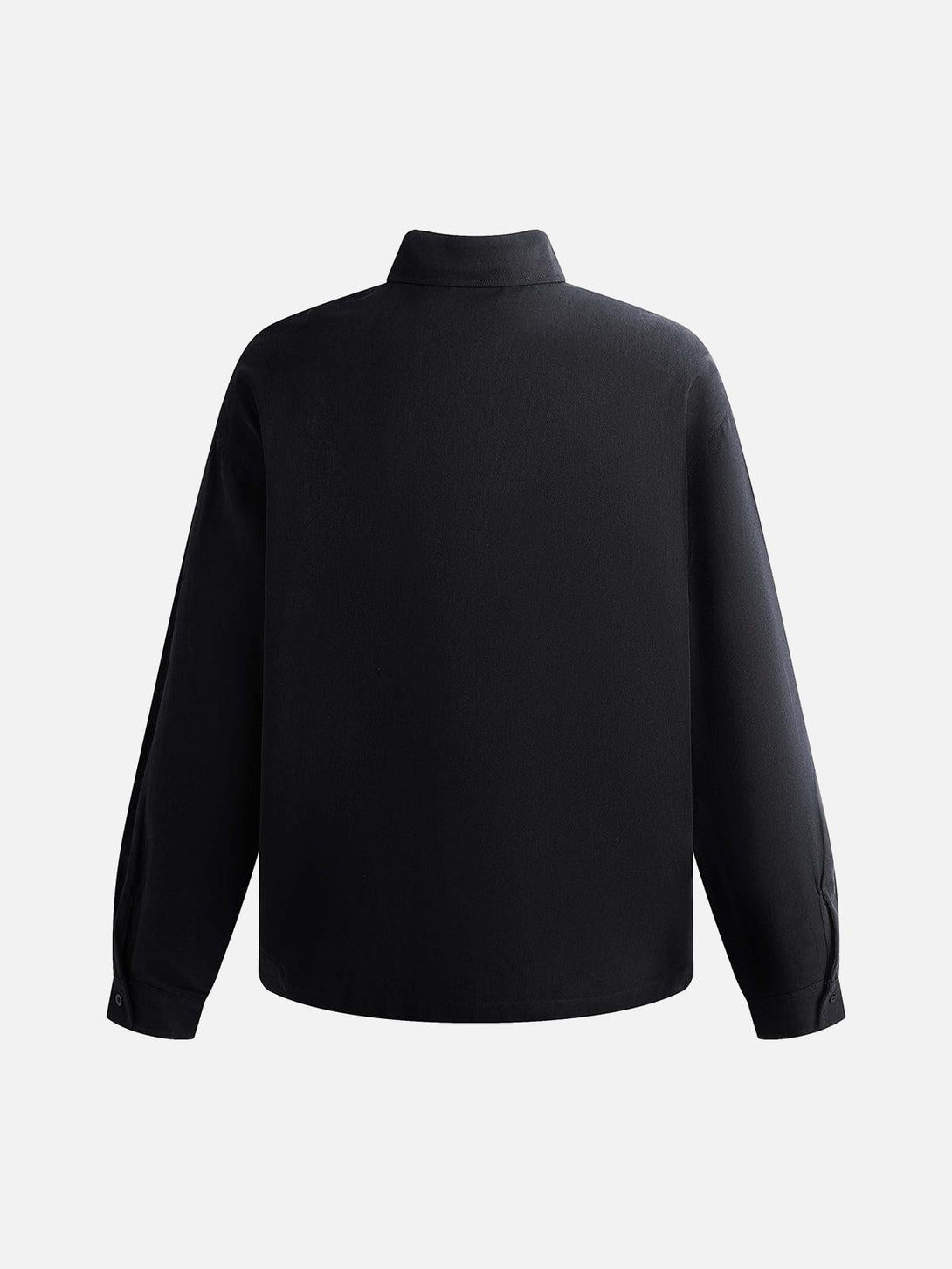 Back view of a black long-sleeve shirt by TALISHKO, highlighting a sleek, minimalist design.