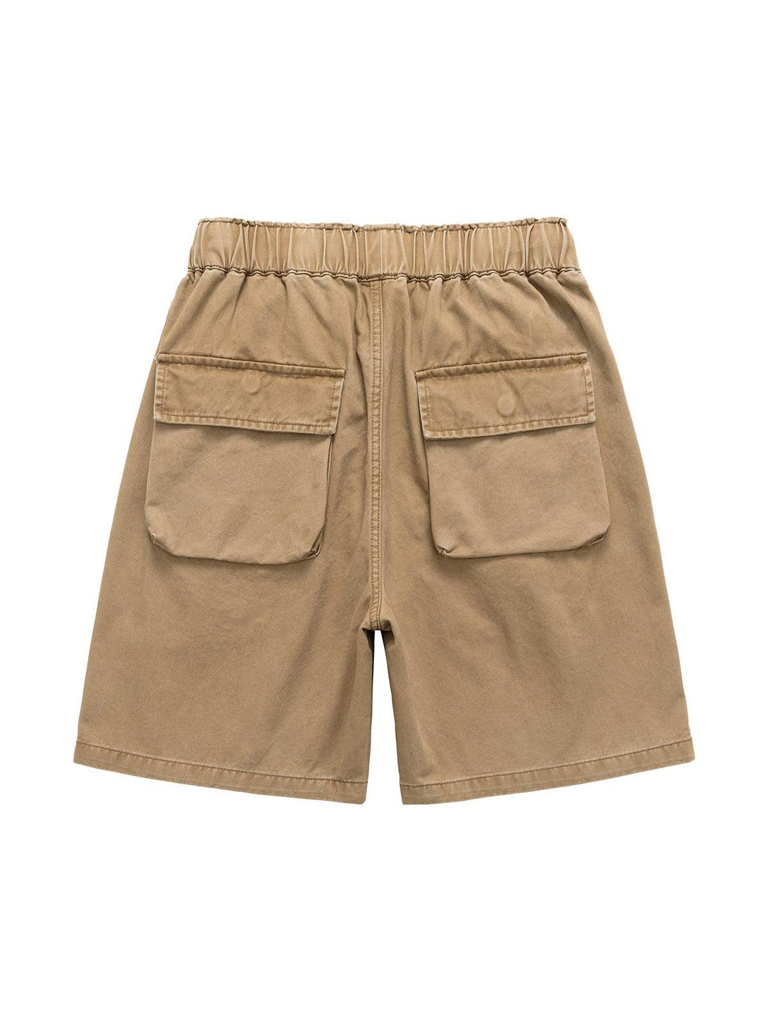 Back view of TALISHKO khaki shorts with elastic waistband and dual flap pockets for relaxed style.