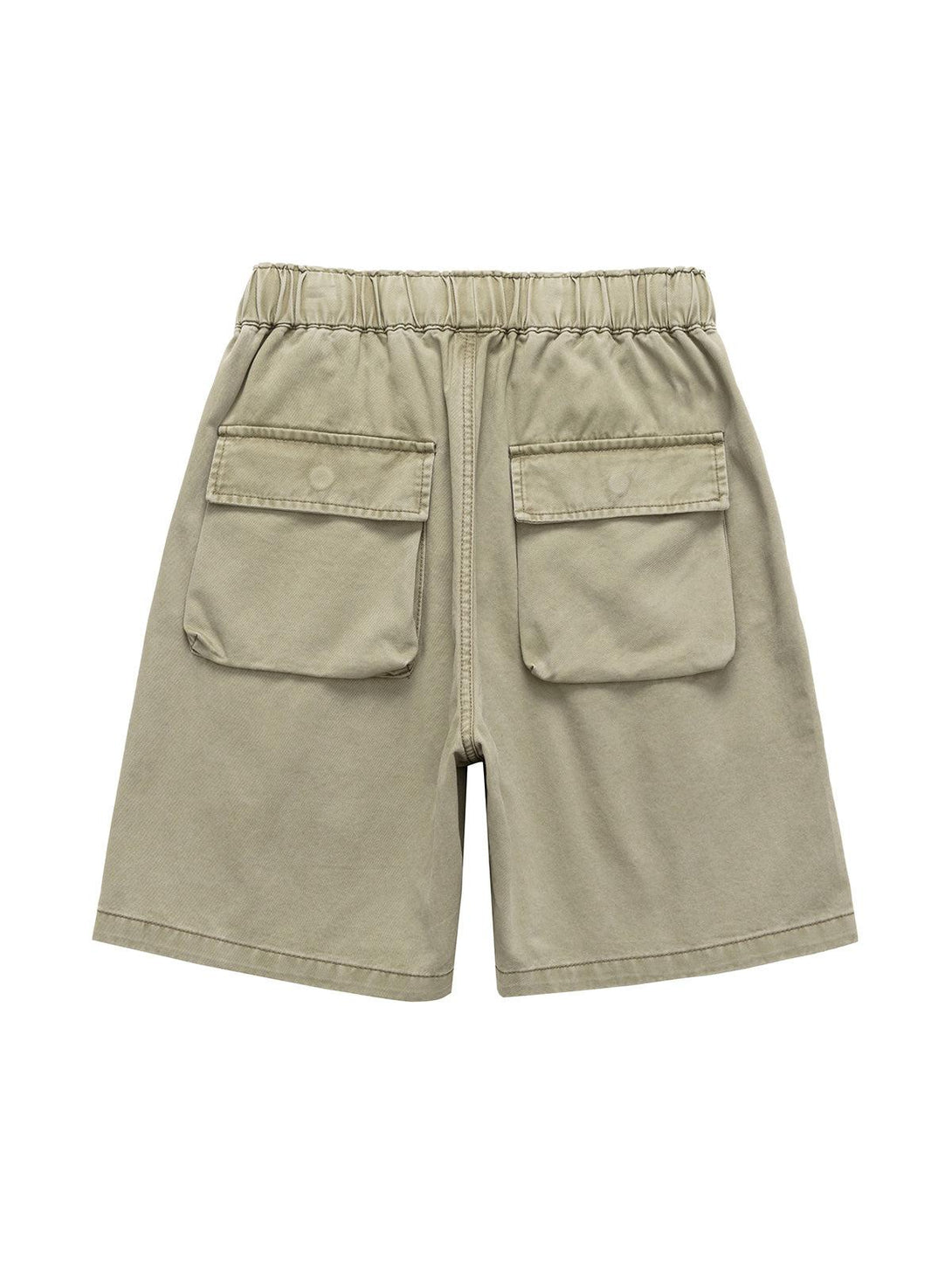 Back view of TALISHKO khaki drawstring shorts highlighting dual flap pockets for casual style.