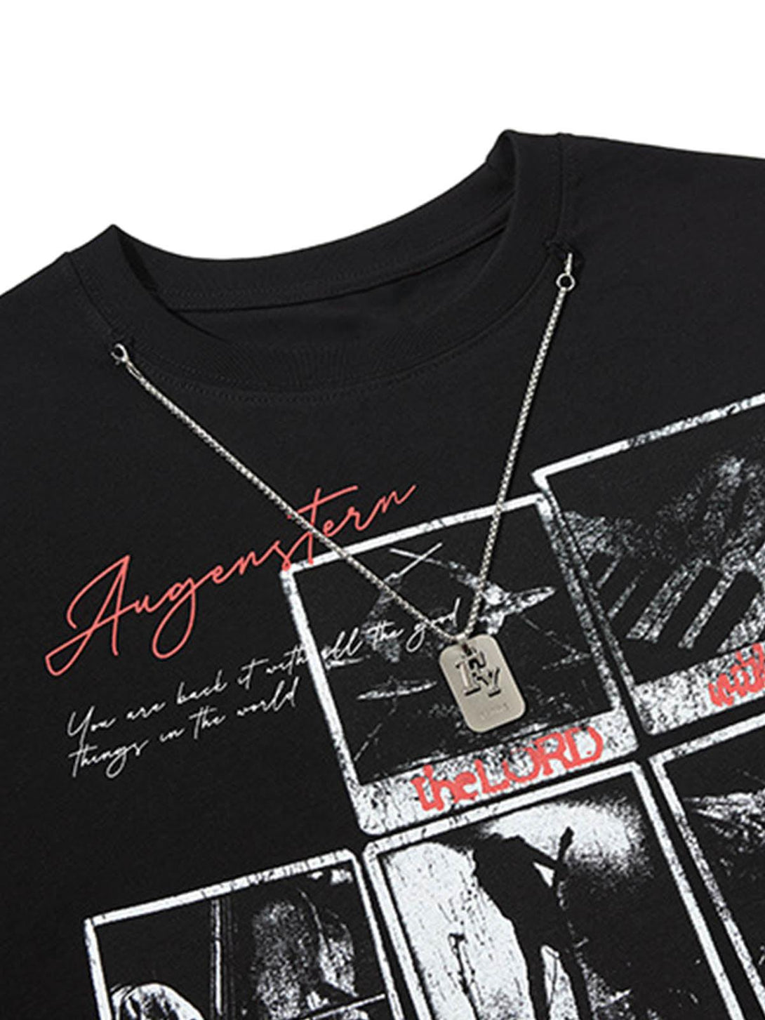 A detailed look at TALISHKO's black graphic vest with rock-themed print and metal tag accent.