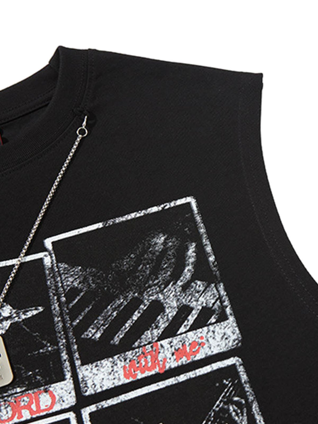 Zoomed-in detail of TALISHKO's graphic vest with rock-themed print and metal tag accent.