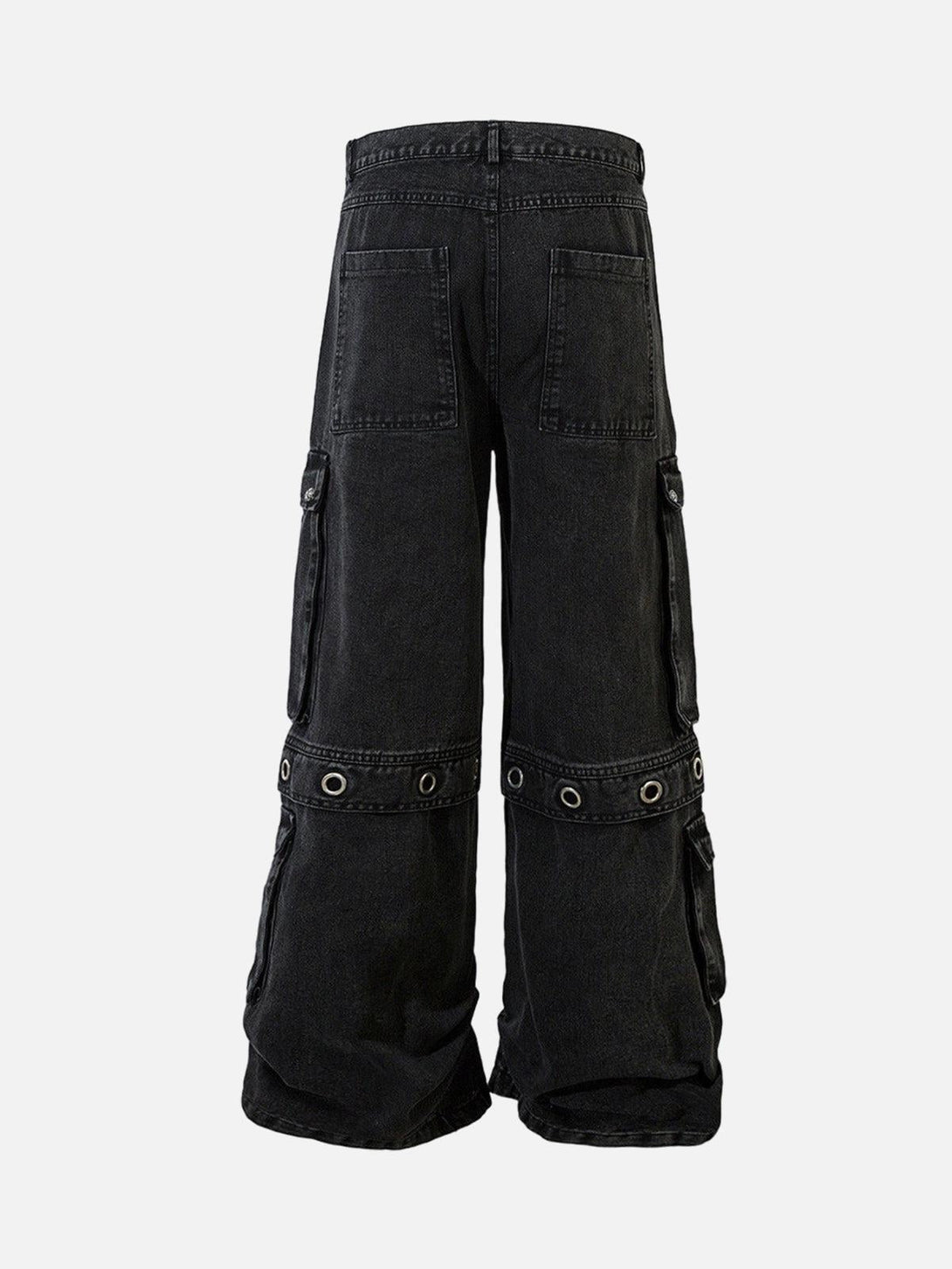 Back view of TALISHKO cargo jeans, showcasing grommet details and multi-pocket design.