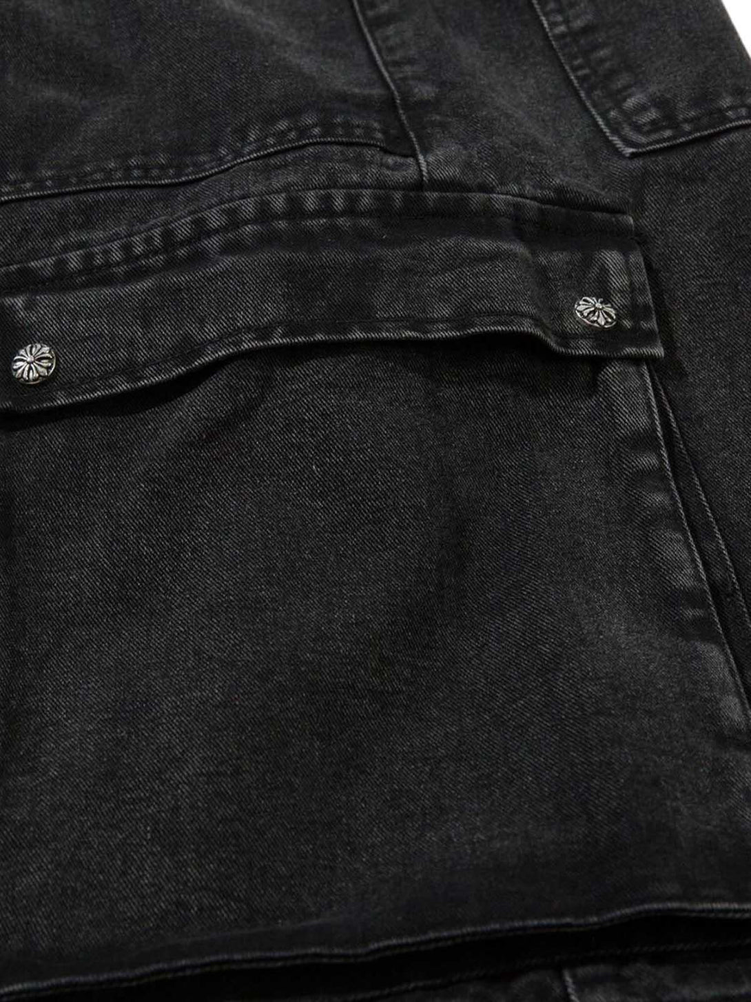 Focusing on the pocket detail of TALISHKO cargo jeans, highlighting grommet design.