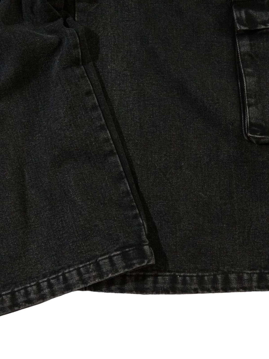 Zoomed-in texture of TALISHKO cargo jeans, highlighting detailed stitching and pocket design.