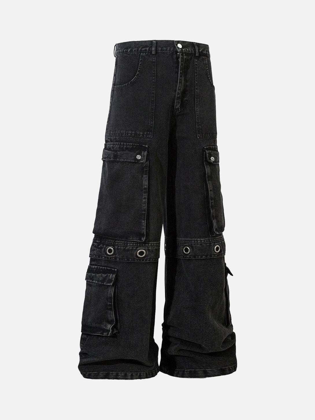 Black cargo jeans with grommets and pockets, offering a bold style by TALISHKO.